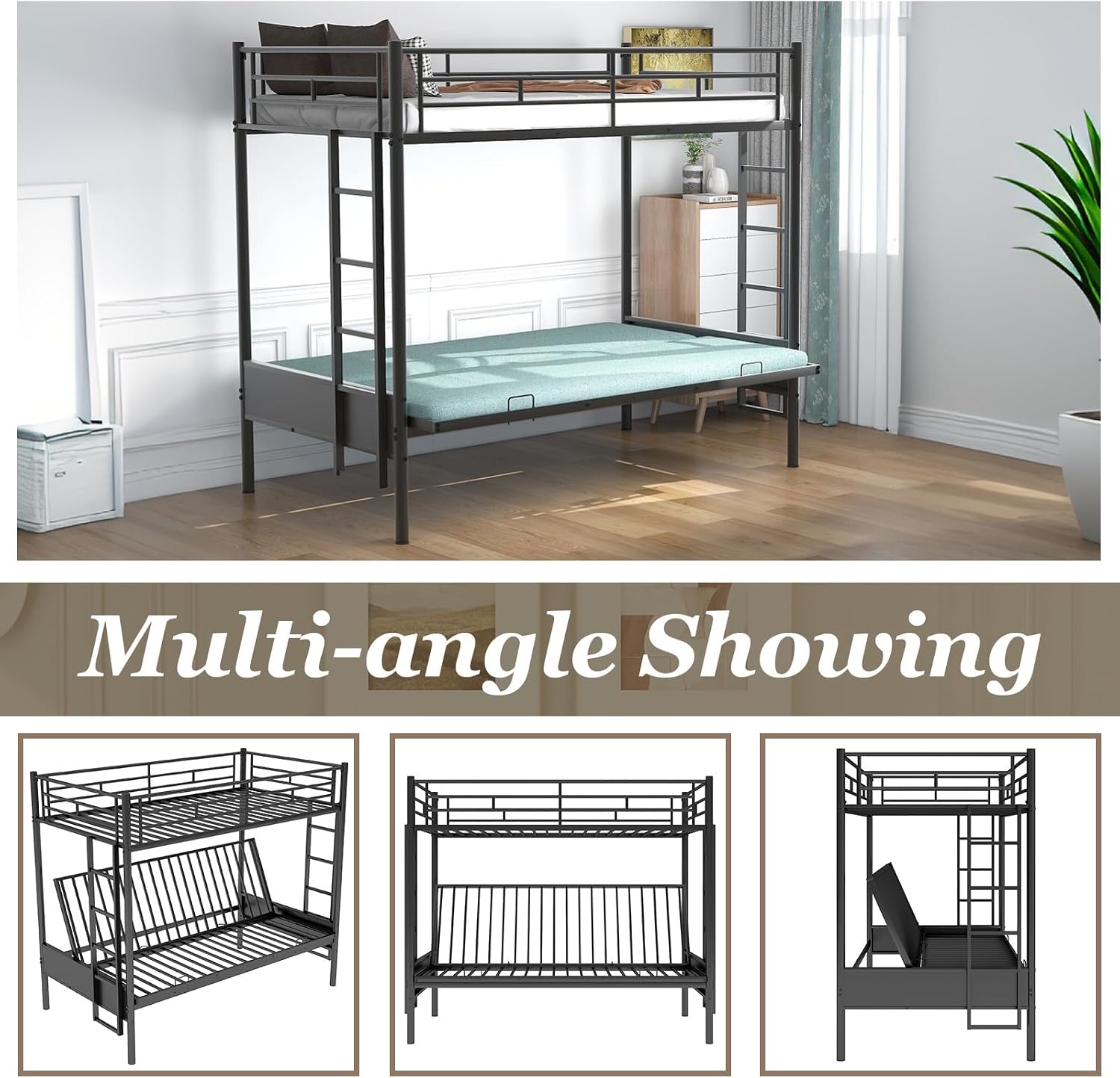 Anwick Twin-Over-Futon Convertible Couch and Bed, Metal Futon Bunk Bed with Guardrails and Ladder, Sturdy Steel Foldable Sofa-Bed for Kids Adults Teens (Twin Over Full Metal Bunk Bed, Twin)