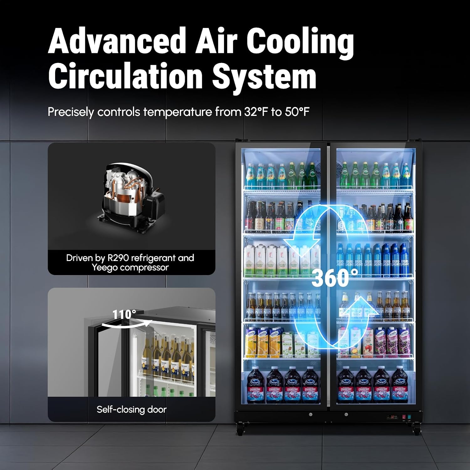 Yeego Commercial Refrigerators - 37.8 Cu.Ft 2 Glass Doors Commercial Beverage Refrigerator with Dual LED Light & Adjustable Shelves, 32-50°F Commercial Cooler for Stores Bakery Bar Offices Restaurants