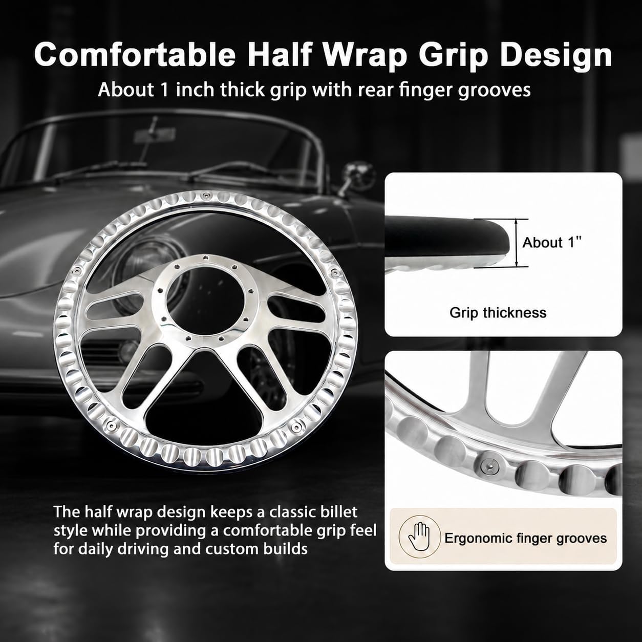 14'' Billet 4-slot Half Wrap 9 Bolts Steering Wheel with 2'' Dish and Horn Button Compatible with Chevy, Ford, GM (White)