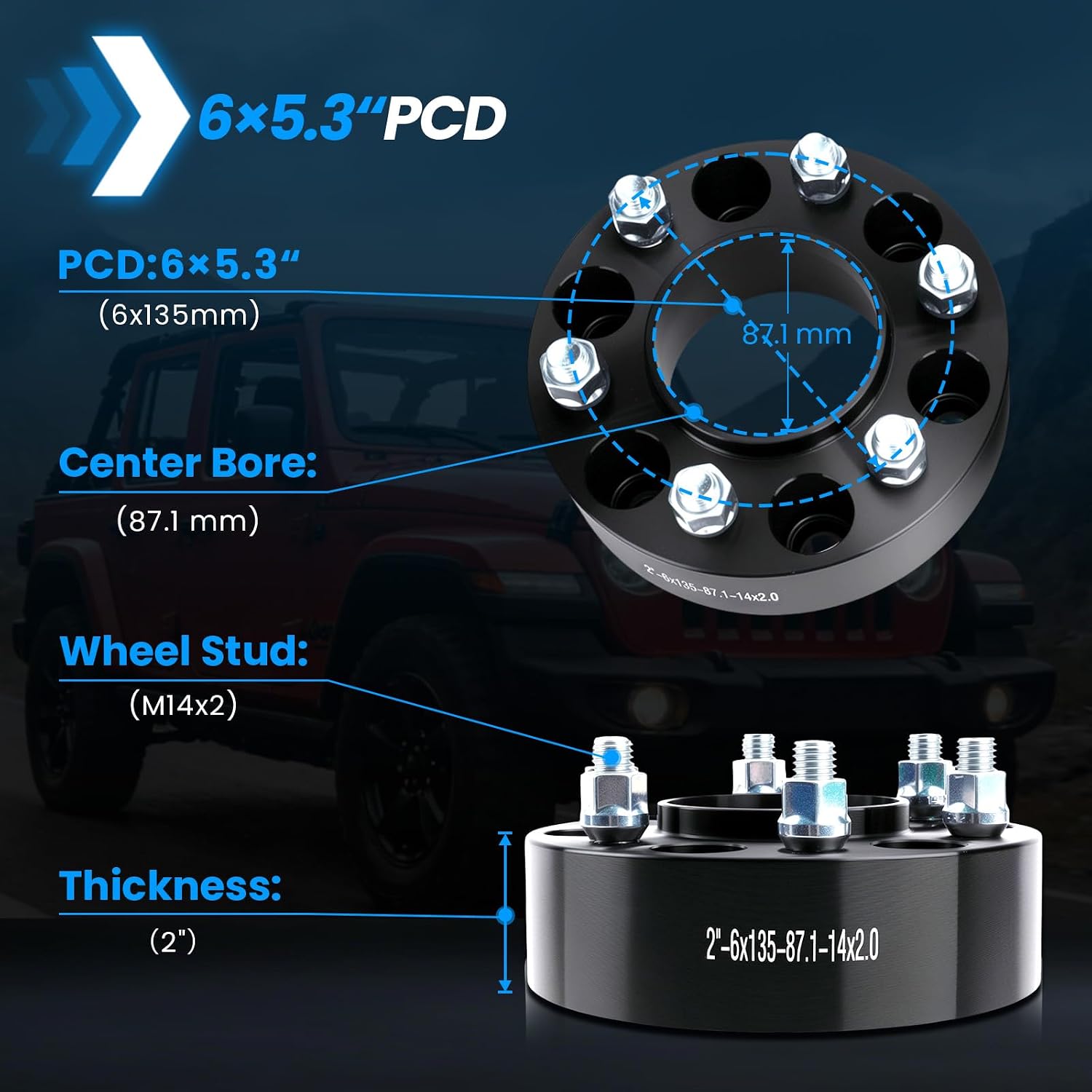 6x135 Wheel Spacers Hubcentric Real Forged Spacers Center Bore 87.1mm M14x2 Studs for 2004–2014 F-150 (2WD 4WD), 2'(50.8mm) 2003–2014 Expedition, 2003–2014 Navigator/Mark LT for 6 lug Set of 4 Black
