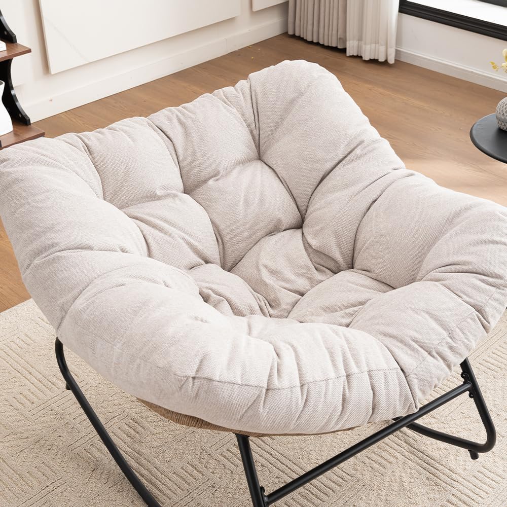 Outdoor Papasan Chair, Oversized Rocking Chair with Cushion and Metal Frame, Patio Lounge Rocking Chair for Balcony Backyard Porch Bedroom Living Room (Light Beige)
