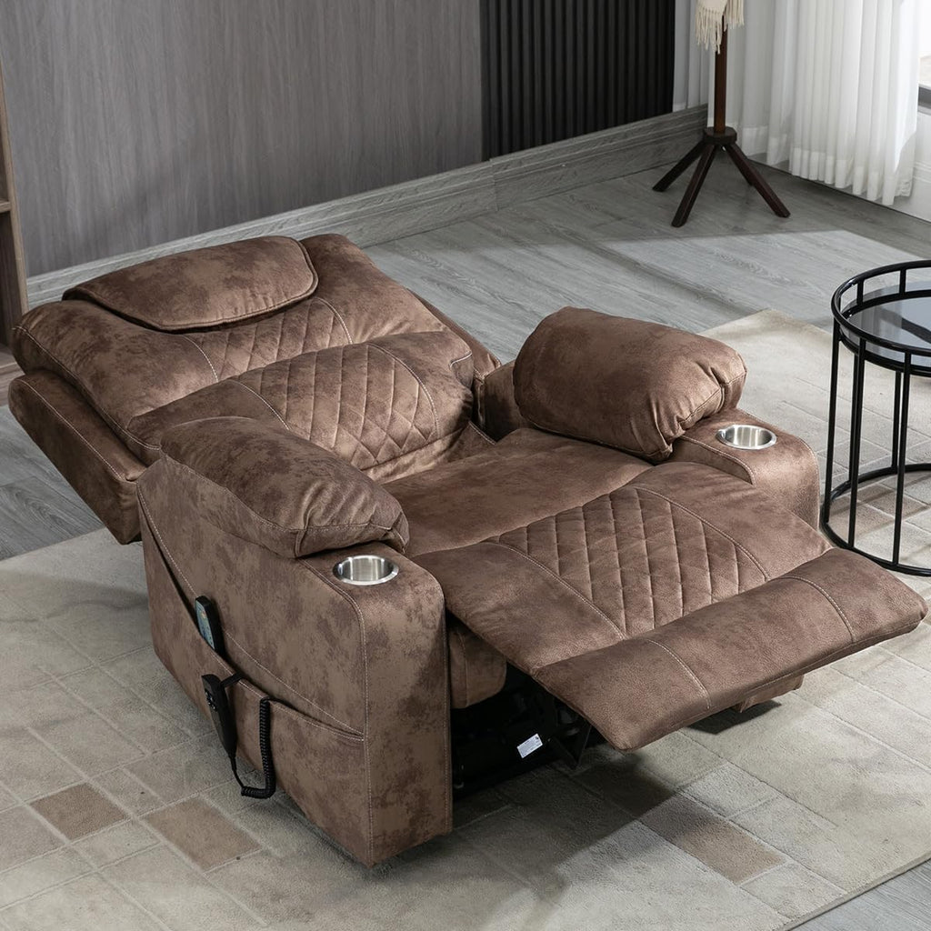 Oversized Lazy Boy Recliner Chair, 2 Motor Leather Recliner, Nursing Lift Chair with Massage and Lumbar Heating, Functional Adult Power Recliner with Cup Holders