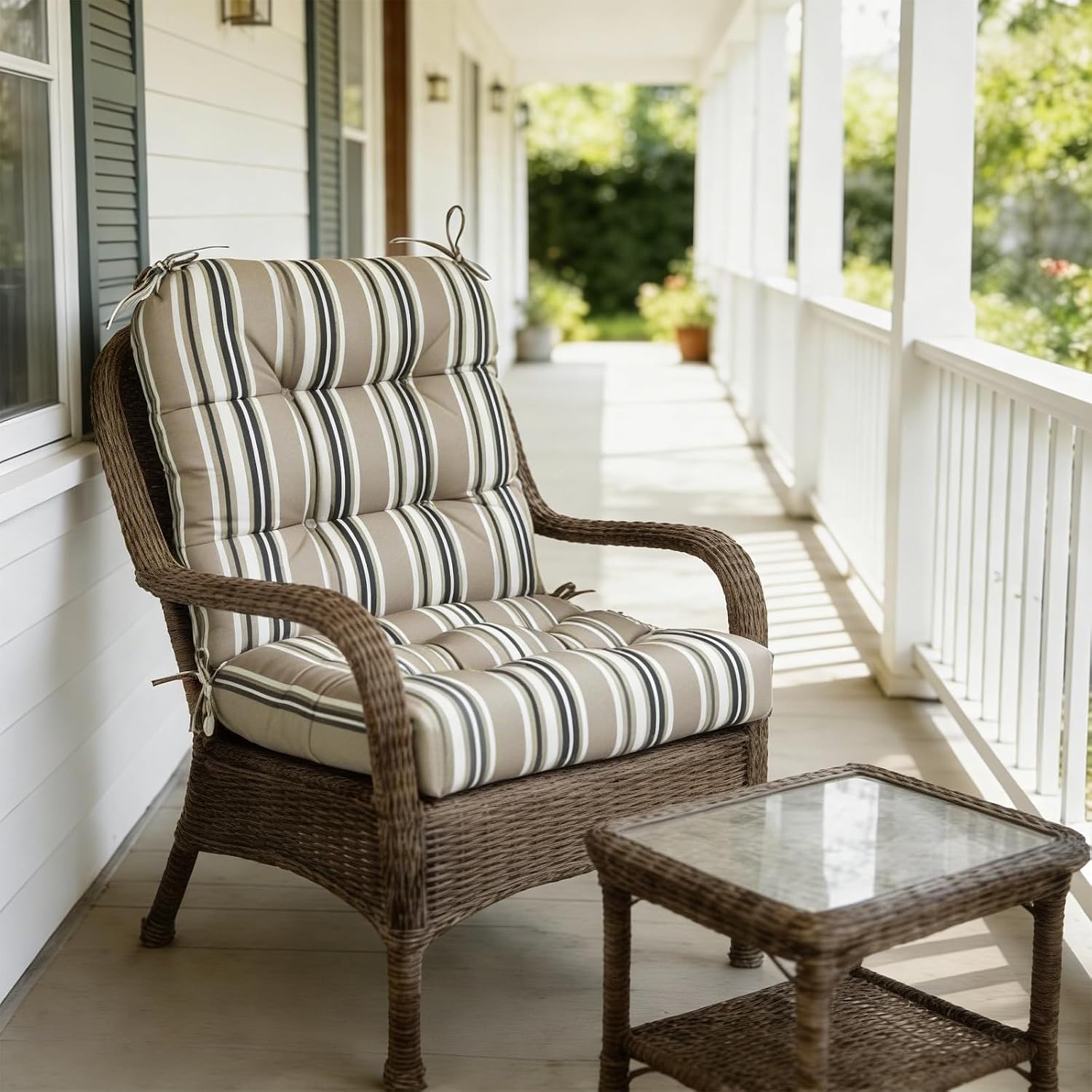 COOS BAY Tufted High Back Chair Cushions, 42x21 Inch Outdoor Patio Furniture Cushions, Water Resistant Rocker Seat Pads, 2 Pack, Beige Stripes