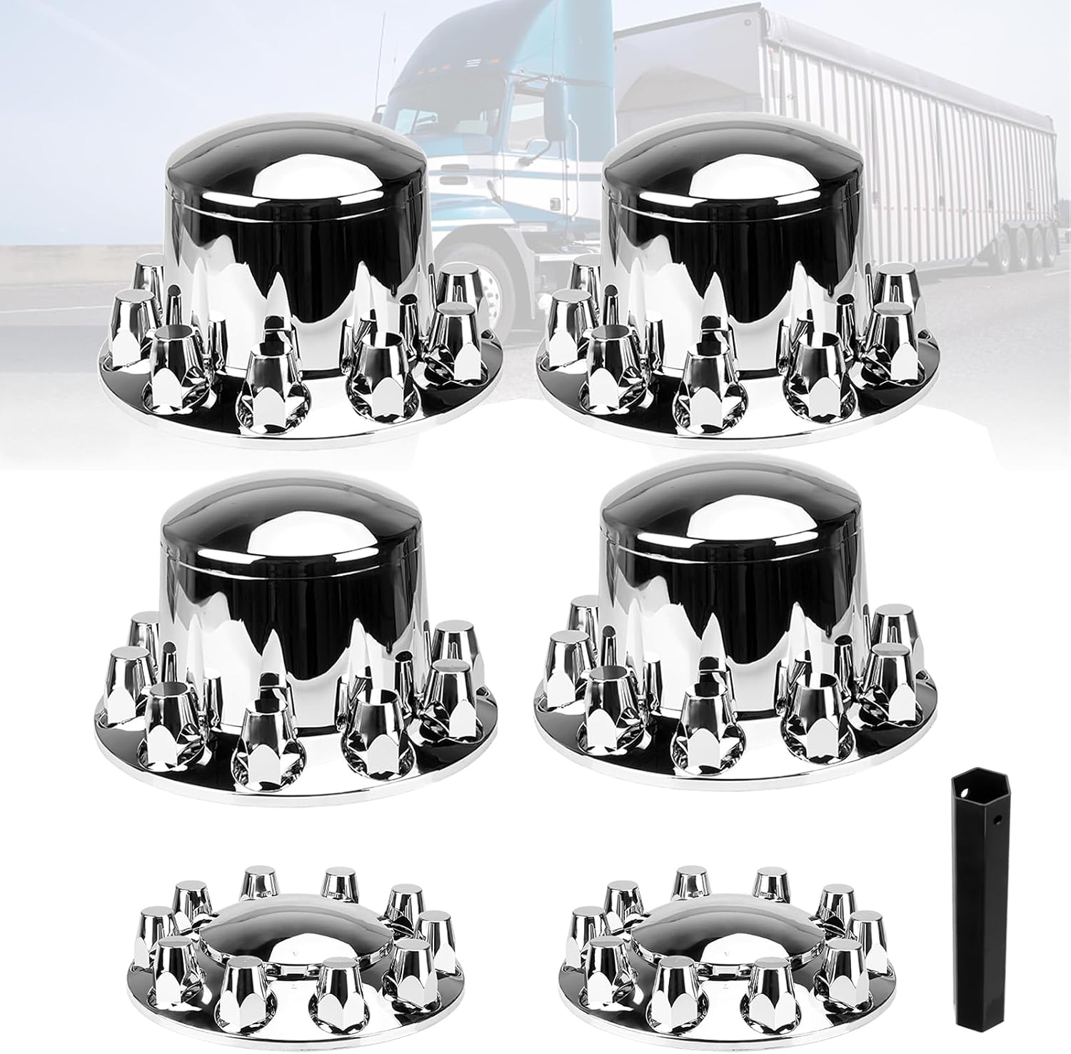 2 Front and 4 Rear Axle Wheel Covers 33mm Axle Cover Dome Chromed Thread-On Standart Lug Nut Covers with Removable Hub Caps for Semi Truck (Installation Tool Included)