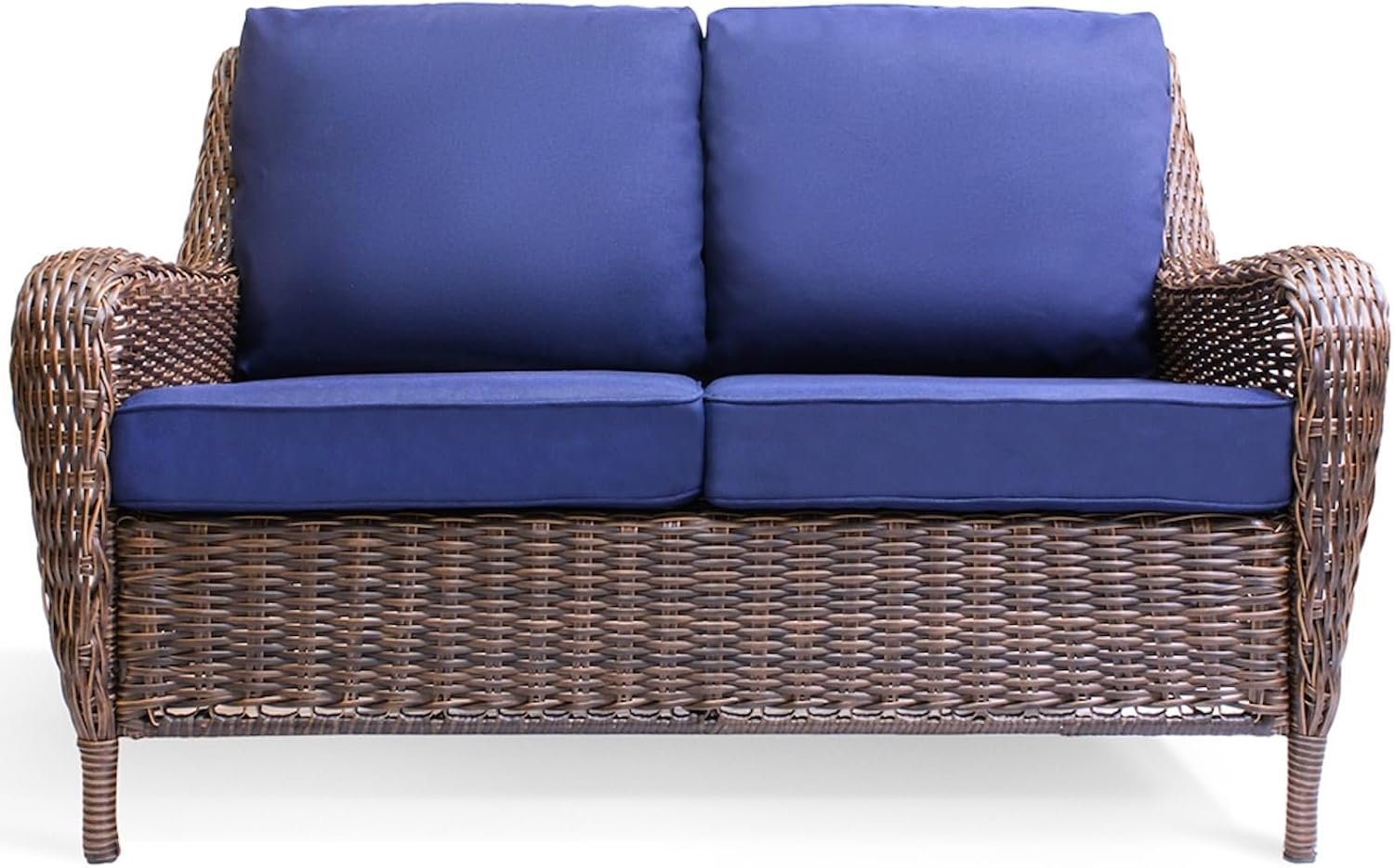 Cambridge Outdoor Wicker Loveseat Sofa, All-Weather HDPE Rattan Patio Sofa w/Cushions, Classic Farmhouse Hand-Woven Furniture for Porch Patio Backyard, Midnight Navy Blue
