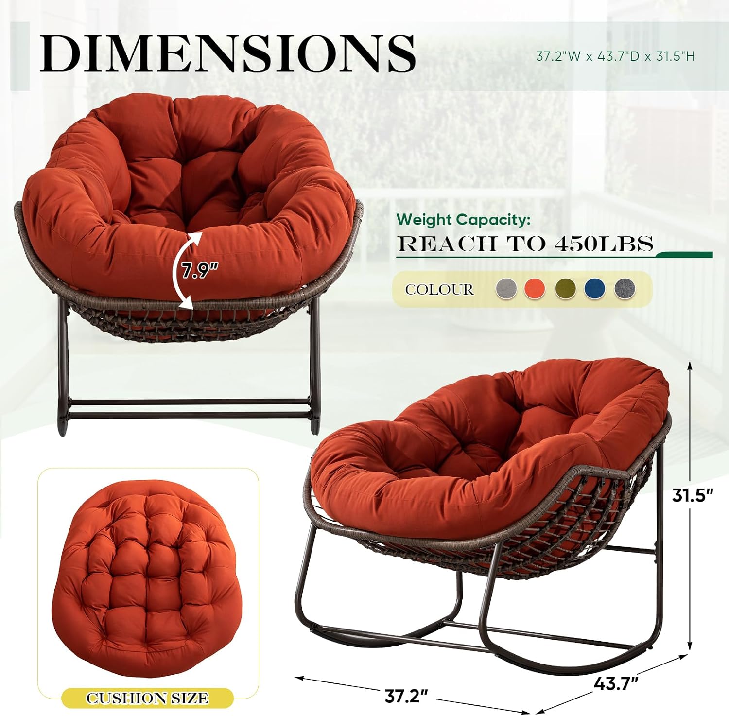 Deolme Large Papasan Rocking Chair Set of 2 with Cushion, Oversized Comfy Reading Chair Lounging Indoor Outdoor Rocker for Front Porch Backyard Bedroom Living Room Egg Chair Rattan (Orange)