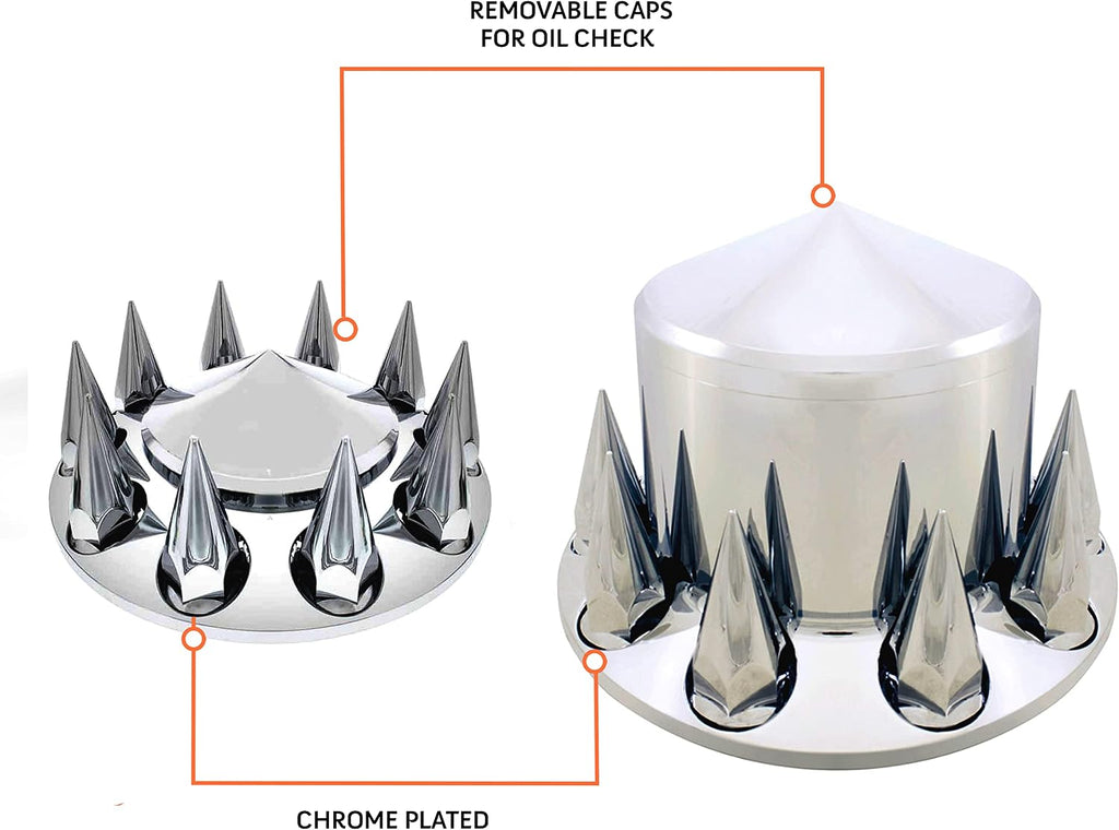 TORQUE Chrome Spiked Front and Rear Axle Complete Wheel Cover Set 33mm Screw-on Lug Nut Covers for Semi Trucks (Installation Tool Included) Standart Hub Caps Kit (2 Front & 4 Rear) (TR571)