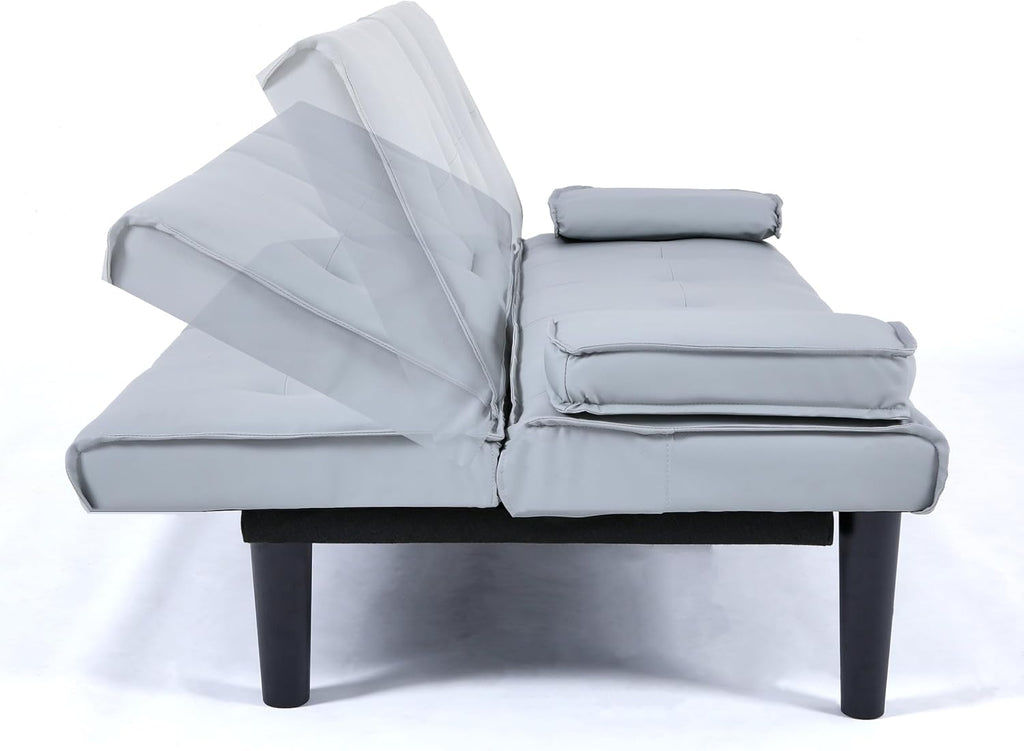 KEIKI 3 in 1 Convertible Sleeper Sofa Bed with Cup Holder, Futon Sofa for Living Room, Dorm, or Home Office, Light Gray