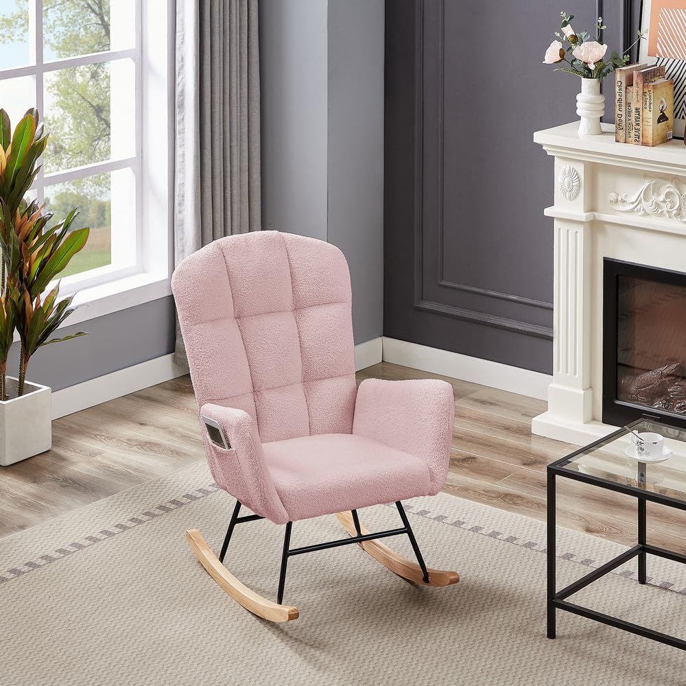 hansones Nursery Rocking Chair,Upholstered Glider Chair with High Backrest Armchair Chair for Living Room Bedroom Offices (Pink Teddy)