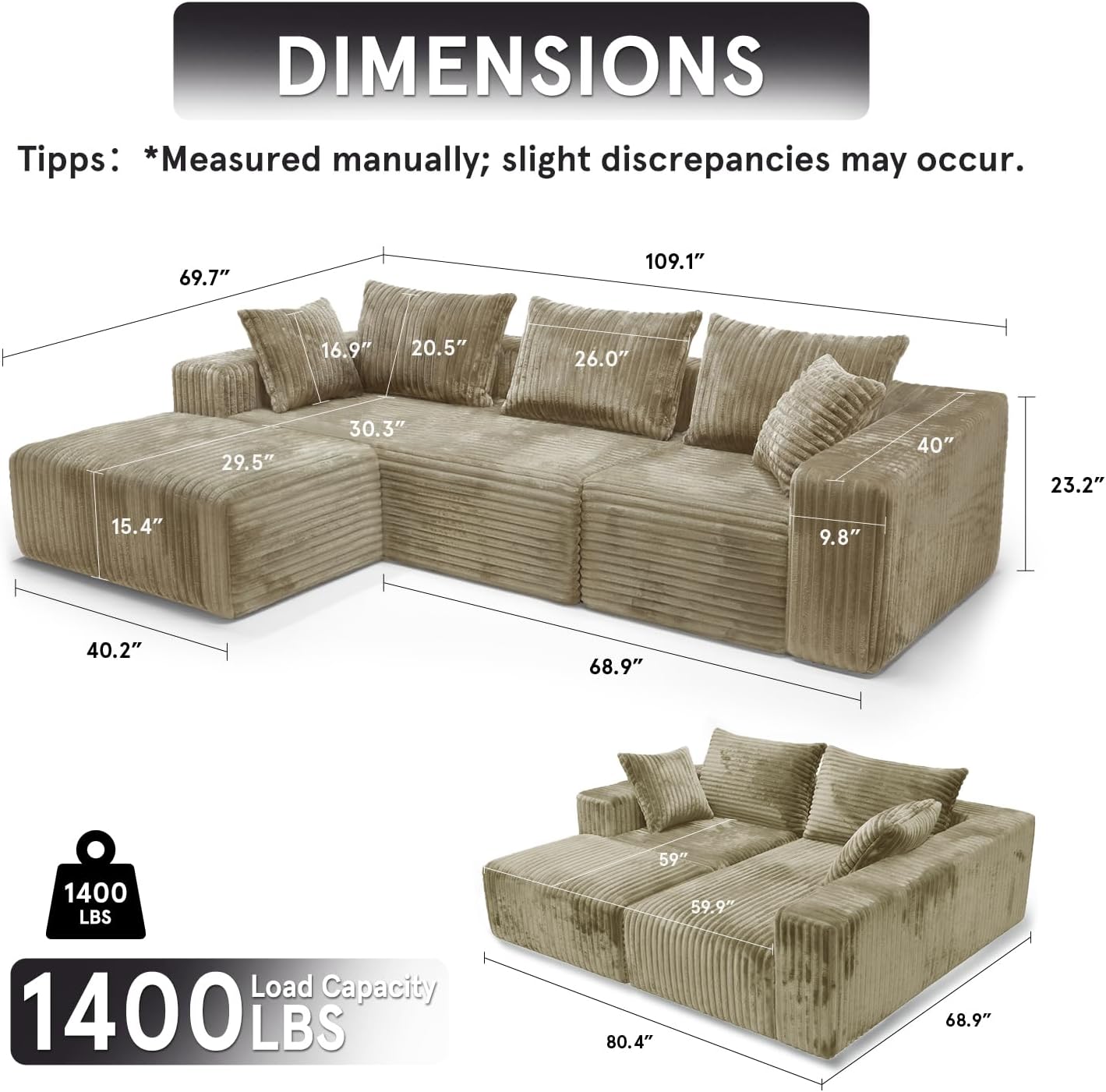 Sytopia 109' L-Shaped Cloud Couch, Boneless Modular Sectional Sofa with Deep Seat for Living Room Bedroom, Modern Couch Corduroy, Comfy Sleeper Futon Sofa Bed 40D Foam, Left Facing