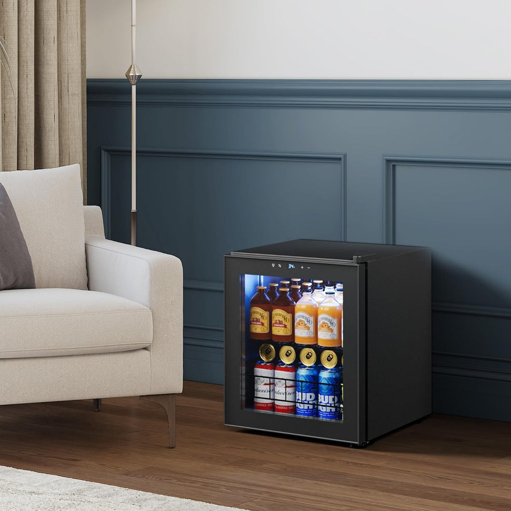 Yeego Beverage Refrigerator Cooler, 65 Cans Drink Mini Fridge with Glass Door for Soda, Beer or Wine, Beverage Cooler with Digital Temperature Control from 34°F to 54°F for Home, Office or Bar (Black)