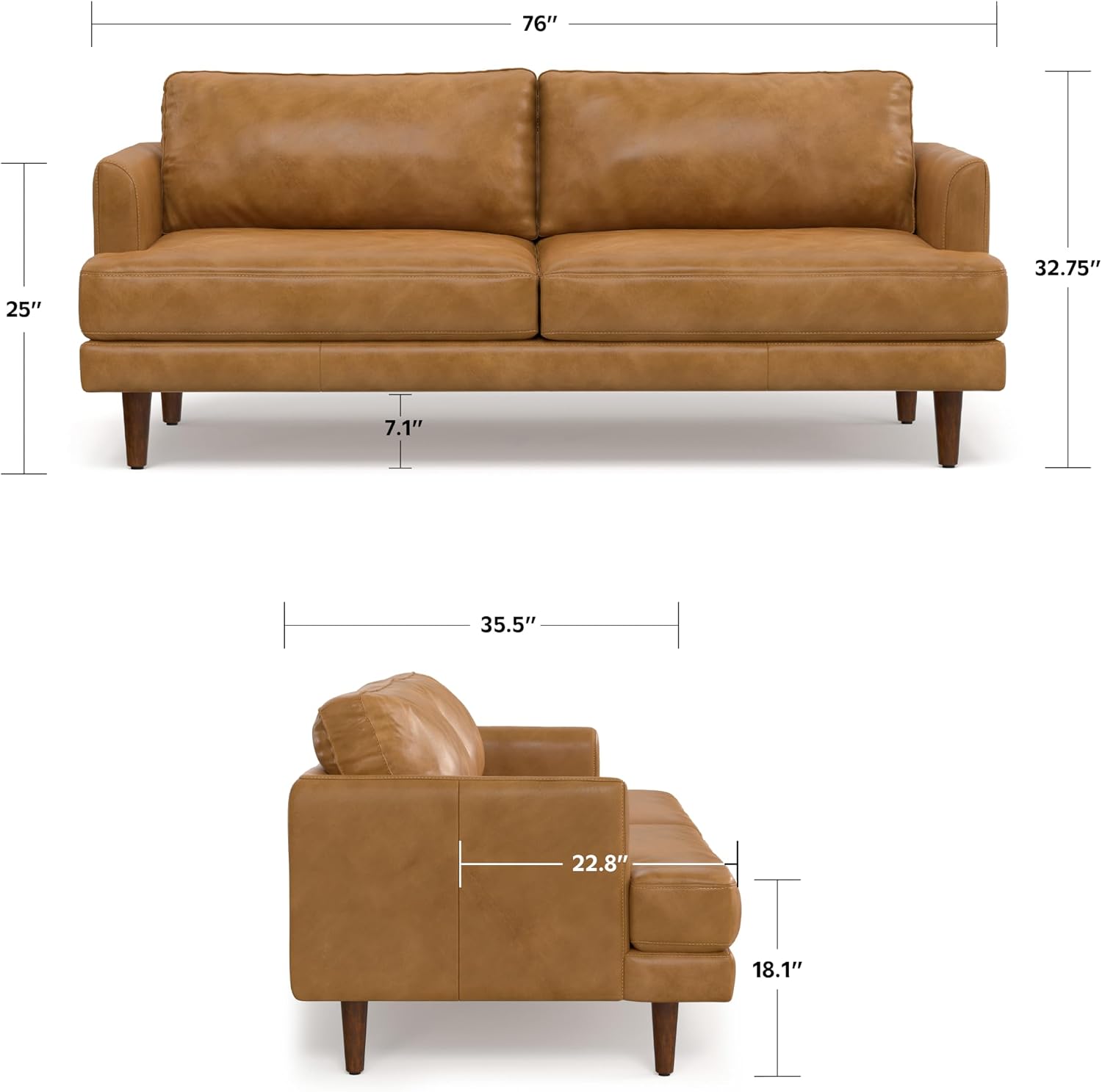 SIMPLIHOME Livingston Sofa - 76' Wide x 33' High Top Grain Genuine Leather Sofa in Sienna, Mid-Century Modern Loveseat for Living Room with Removable Feather-Wrapped Cushions and Solid Wood Frame