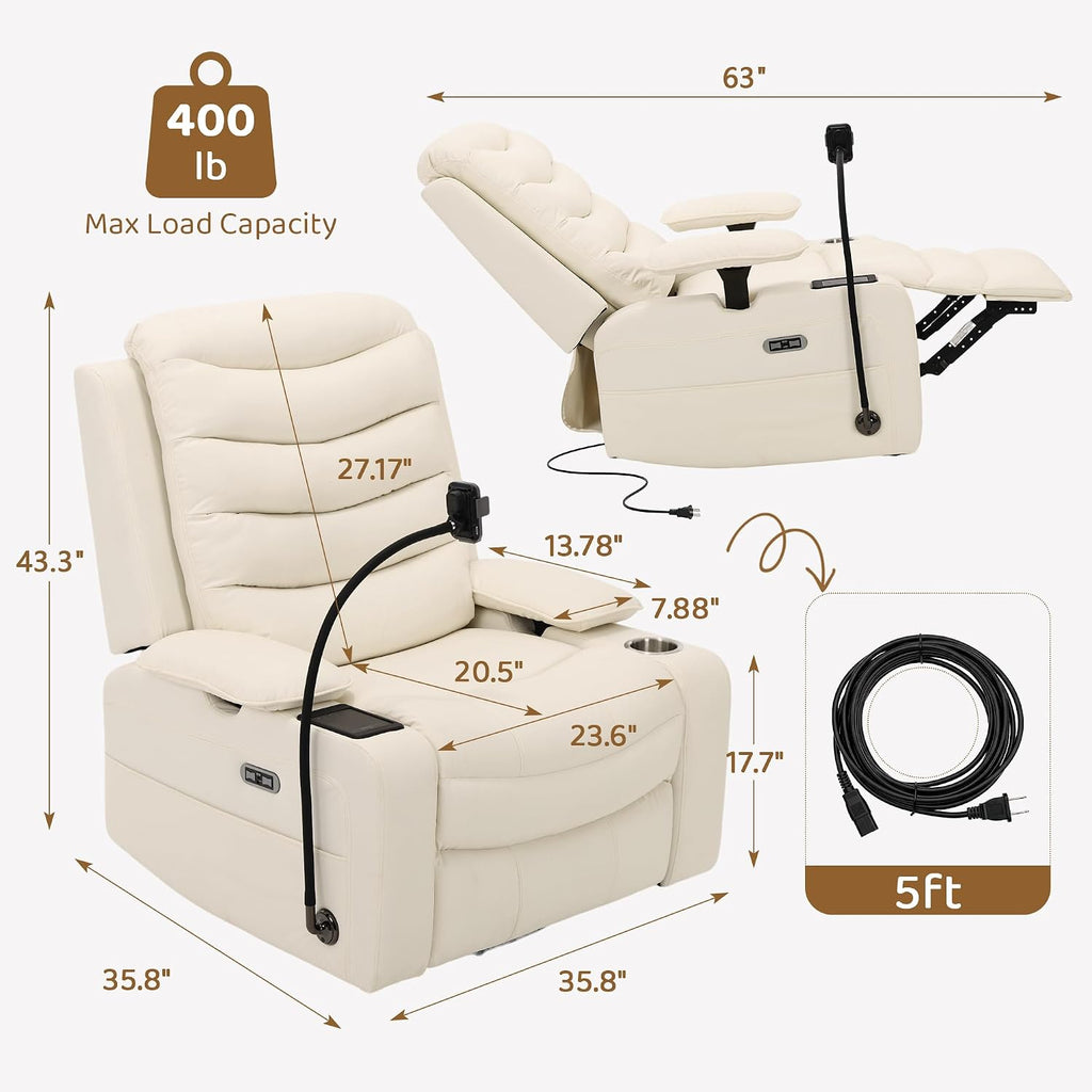 Olela Power Glider Recliner Nursery Chair, Oversized Leather Swivel Rocking Chair with Electric Lumbar Support, USB Charging, Smart Cup Holder, Light, Adjustable Armrest, Wireless Phone Charger Holder