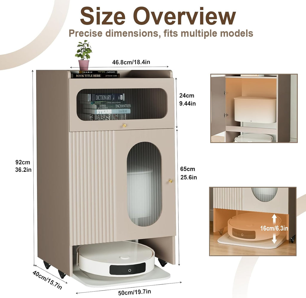 Robot Vacuum Stand Cabinet with Wheels, Hidden Storage Cabinet for Robot Vacuum Cleaner, Wood Storage Cabinet for Living Room, Kitchen, Easy Water Changing