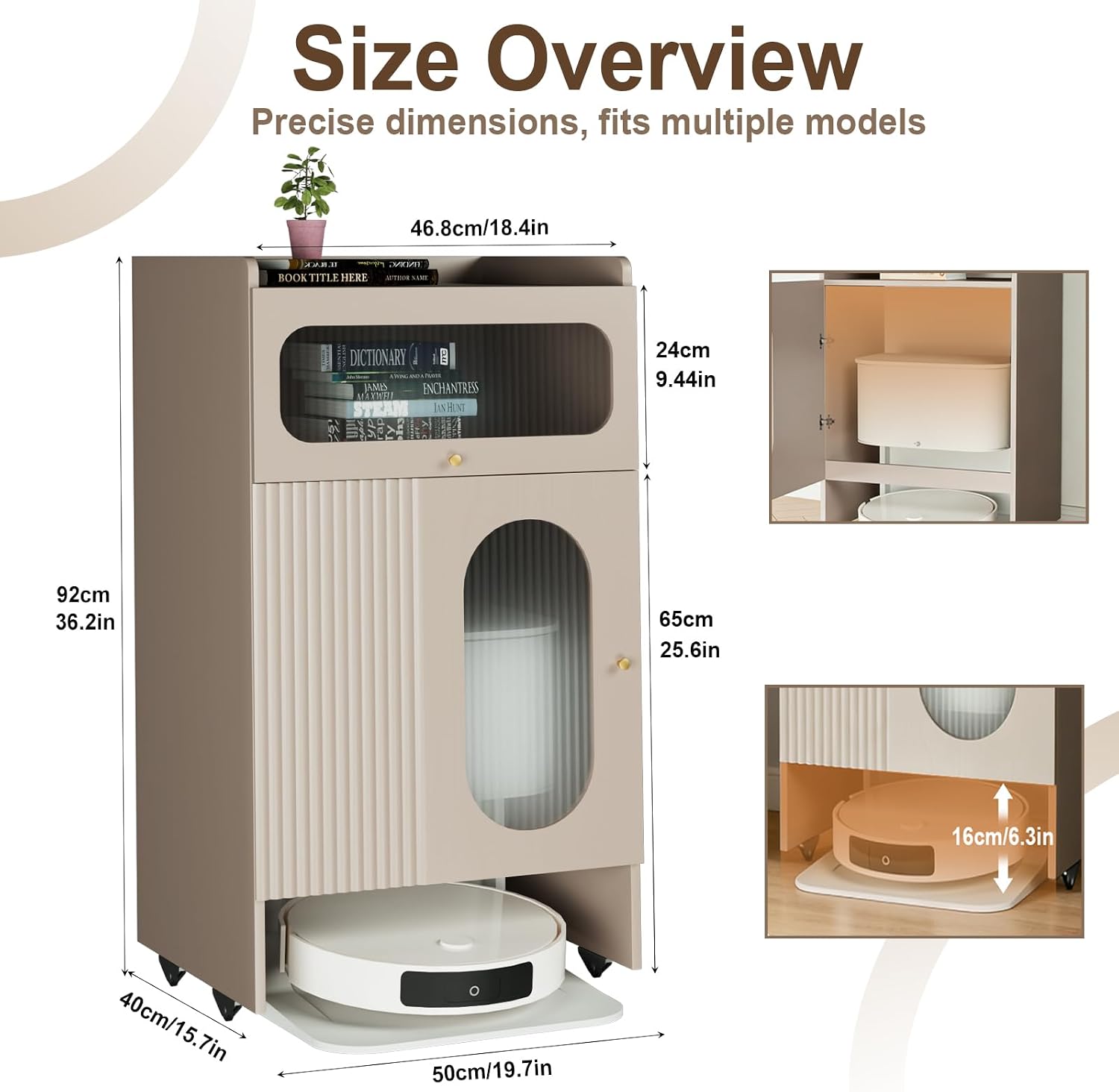 Robot Vacuum Stand Cabinet with Wheels, Hidden Storage Cabinet for Robot Vacuum Cleaner, Wood Storage Cabinet for Living Room, Kitchen, Easy Water Changing