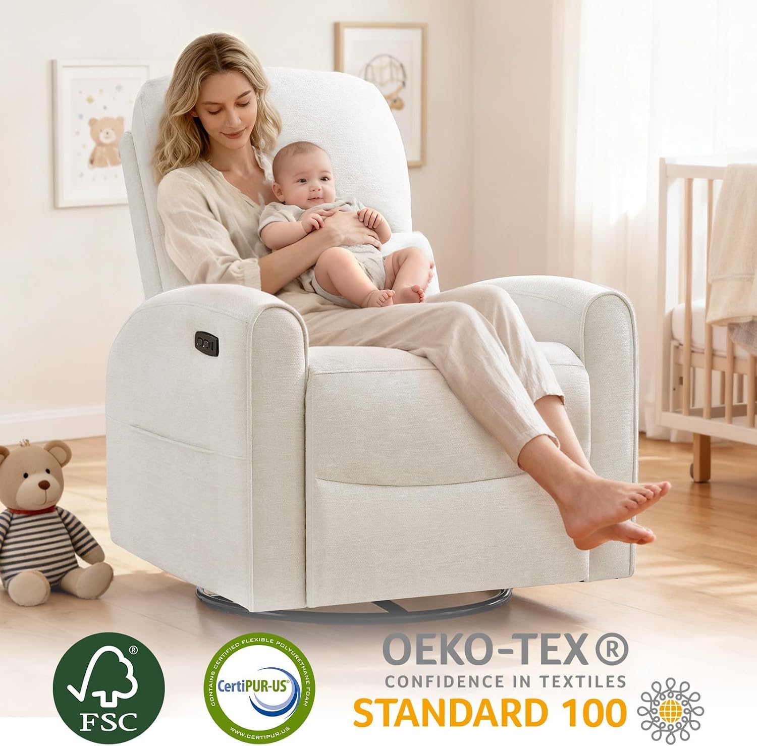 Power Swivel Rocker Recliner, Swivel Glider Nursery Electric Recliner Chair with Lumbar Support, Upholstered Rocking Recling Chairs for Adults Nursery, Living Room, Bedroom, White
