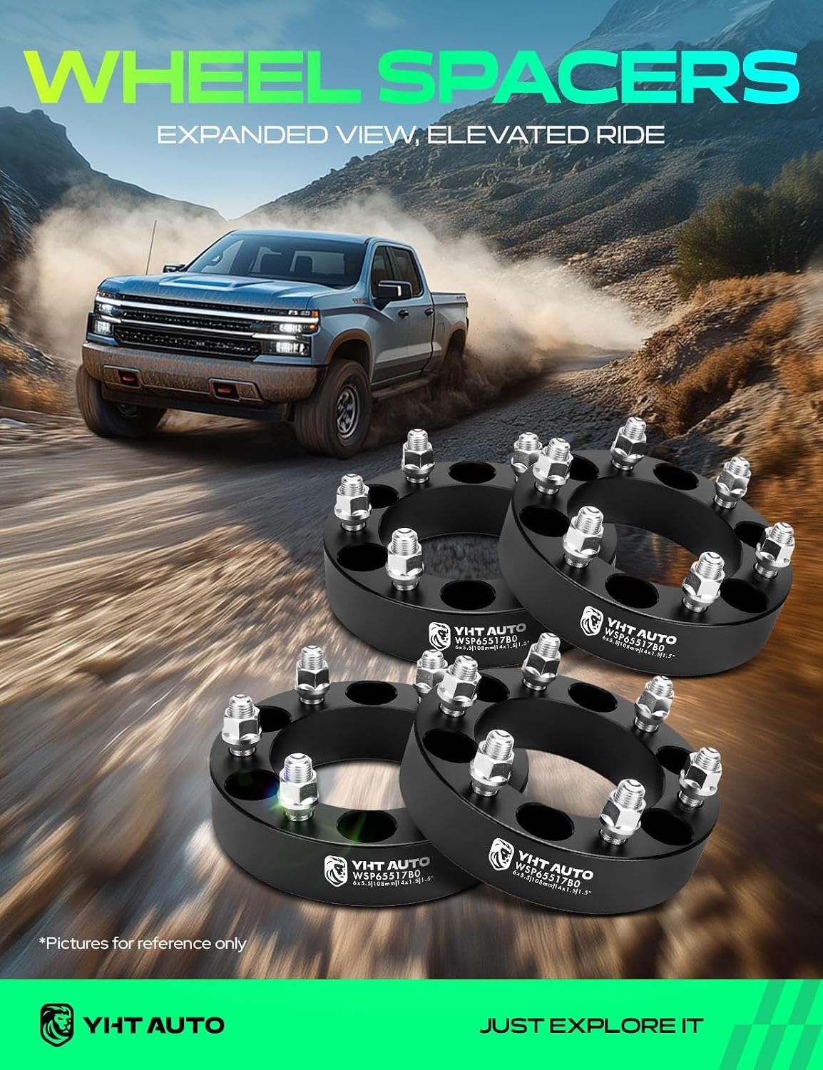 YHTAUTO 6x5.5 Wheel Spacers 1.5 inch Fits Chevrolet Silverado, Tahoe, C/K, GMC Sierra,Yukon, Cadillac Escalade, Forged 6x139.7mm Tire Spacers 38mm with M14x1.5 Studs 108mm Center Bore 4PCS, Black