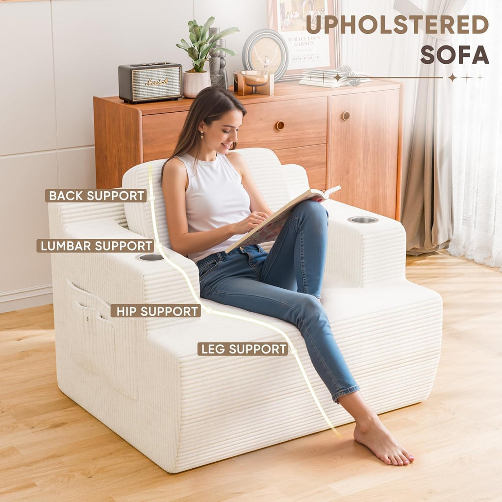 Homall 42' Single Sofa Foam Couch for Small Spaces Upholstered Floor Sofa with Cup Holder & Storage Pocket Boneless Couch for Bedroom Living Room (White, Single)