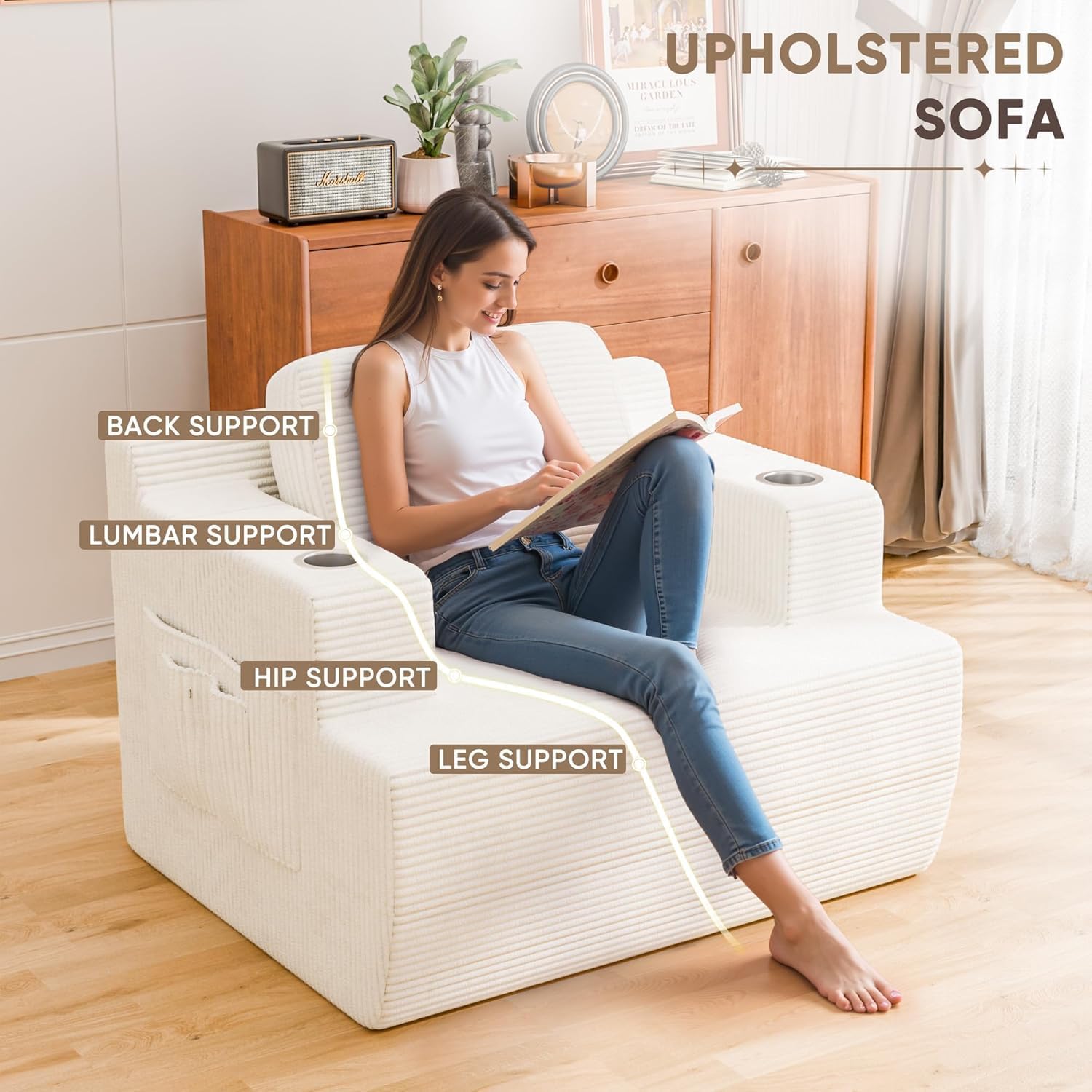 Homall 42' Single Sofa Foam Couch for Small Spaces Upholstered Floor Sofa with Cup Holder & Storage Pocket Boneless Couch for Bedroom Living Room (White, Single)