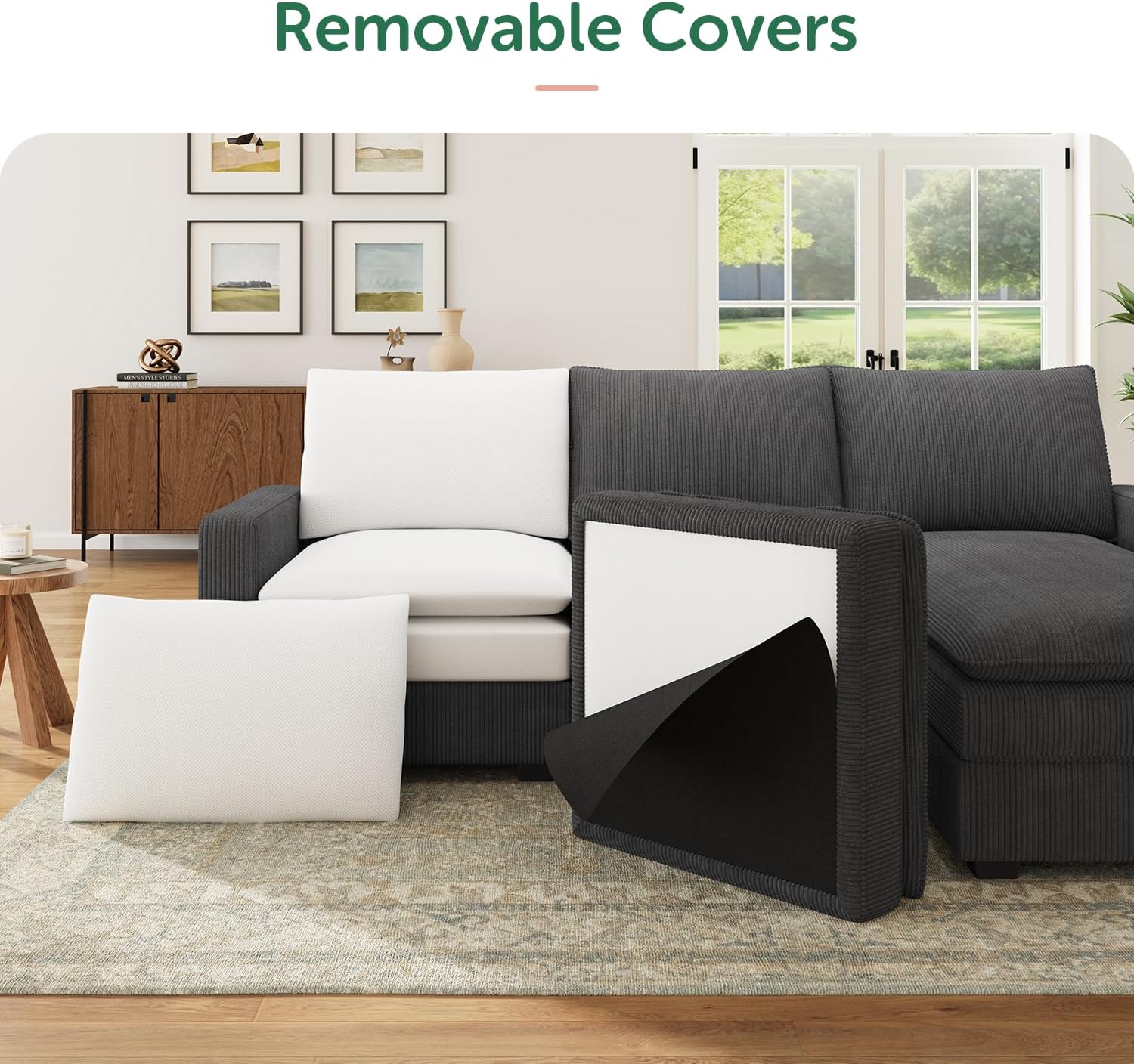 HONBAY 127.2 Inch Corduroy Cloud Modular Sectional Sofa with Chaise, Deep Seat U-Shaped Couch with Storage for Living Room, Apartment, Small Space,Dark Grey
