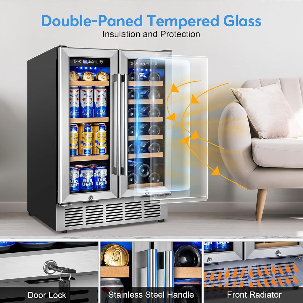 FoMup Wine and Beverage Refrigerator with Glass Door, 24-Inch Dual Zone Wine Fridge Under Counter - 18 Bottle and 88 Can Large Capacity Led Blue Light Smart Fast Cooling Wine Cooler