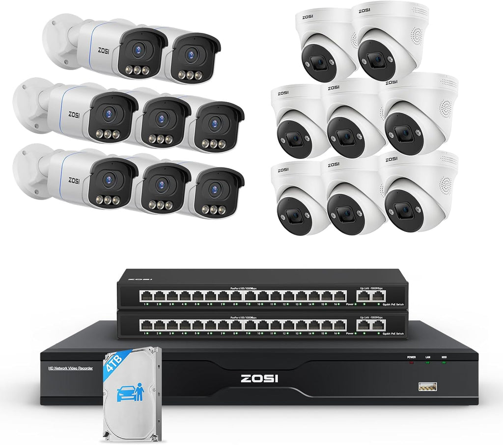 ZOSI 32CH 4K PoE Security Camera System,16 x 8MP Full Color Night Vision Outdoor PoE Cameras,Person Vehicle Detection,Spotlight Siren,2 Way Audio,32CH Business NVR with 4TB HDD for 24/7 Recording