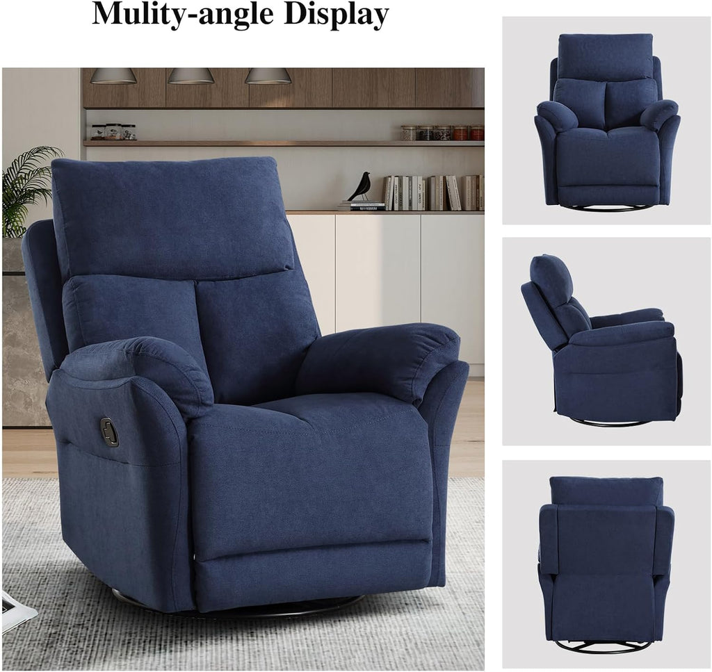 CANMOV Swivel Rocker Recliner, Manual Recliner with Overstuffed Cushion, Nursing Chairs for Living Room, Swivel Glider Recliners with Soft Backrest, Blue