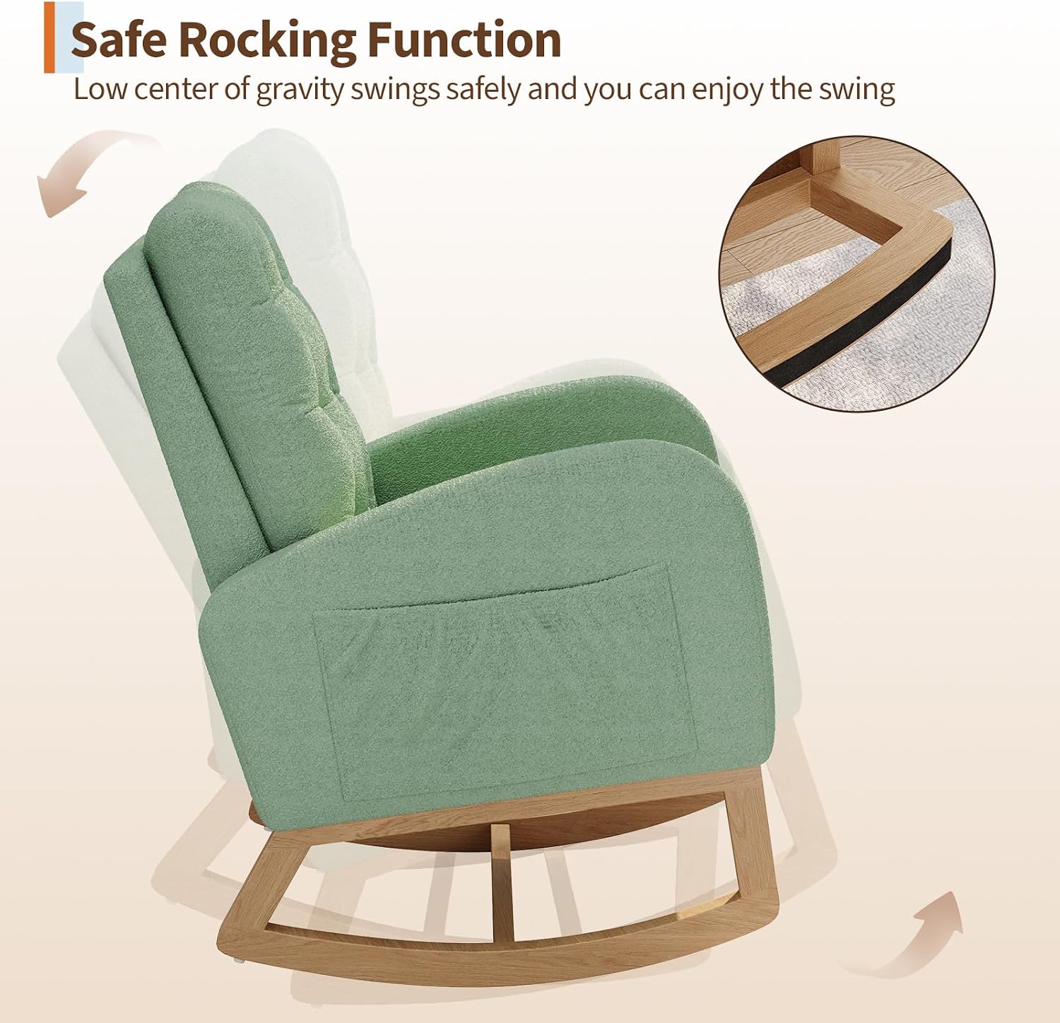 GarveeHome Nursery Rocking Chair, Teddy Fleece Upholstery, Sturdy Wooden Legs & High Backrest, Comfortable Glider Rocking Chair for Living Room or Bedroom, Light Green