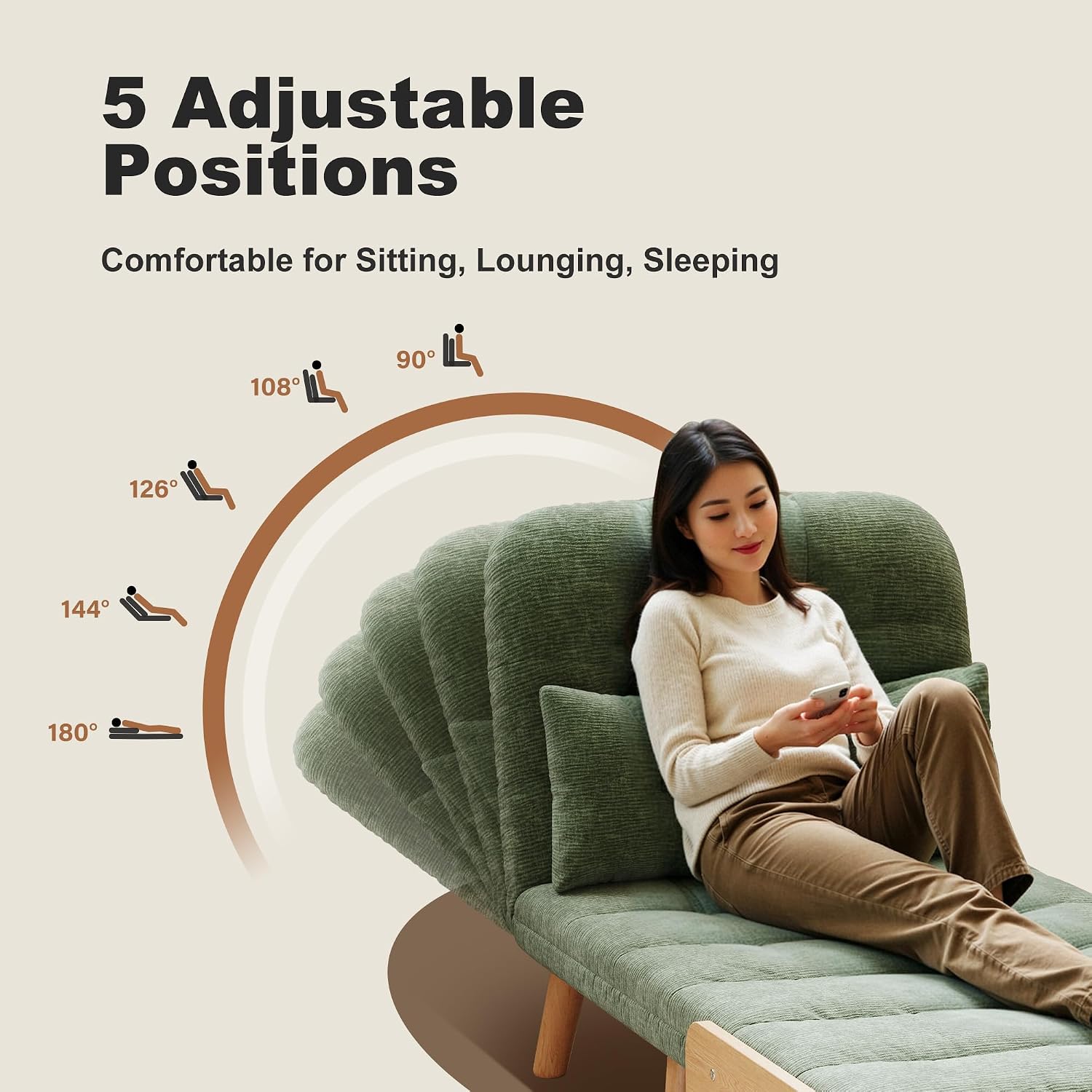 Convertible Lounger Fold-Out Sofa Bed, 3-in-1 Sleeper Sofa，Adjustable Backrest, Modern-Style Sofa for Small Spaces, Bedrooms & Offices(Green,35.43)
