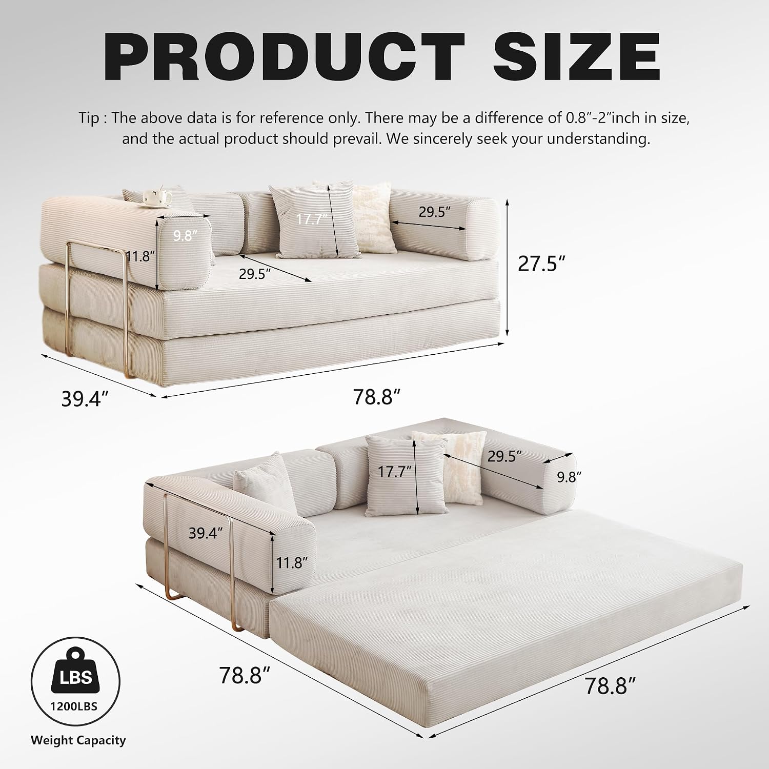 78.8' Convertible Sofa Bed -Compression Sofa with Corduroy Fabric - with Armrests and Backrest - Modular Sectional for Living Room, Bedroom, Studio - Compression Sofa in Box (Beige)