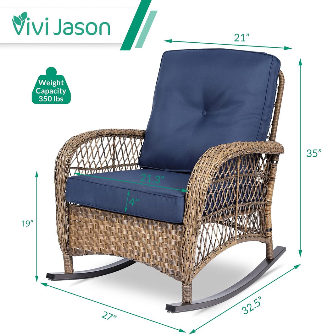 VIVIJASON 2 Piece Patio Wicker Rattan Rocker Chair, Outdoor Rattan Rocker Chair with Cushions & Steel Frame, All-Weather Rocking Lawn Wicker Furniture for Garden Backyard Porch (Navy Blue)