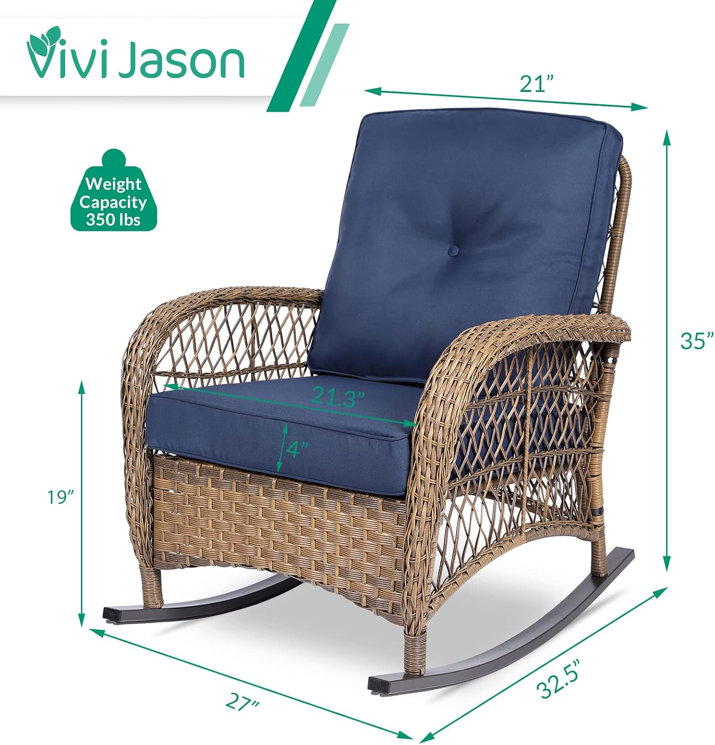 VIVIJASON 2 Piece Patio Wicker Rattan Rocker Chair, Outdoor Rattan Rocker Chair with Cushions & Steel Frame, All-Weather Rocking Lawn Wicker Furniture for Garden Backyard Porch (Navy Blue)
