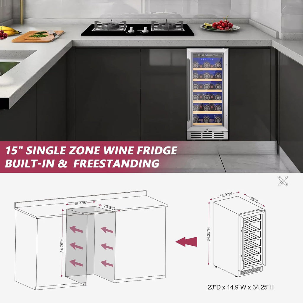 Icyglee 15 Inch Wine Cooler Refrigerator, 30 Bottle Wine Fridge with Stainless Steel Glass Door & Digital Temperature Control, Built-in/Freestanding Wine Cooler with Removable Shelves, 3.6 CU.FT
