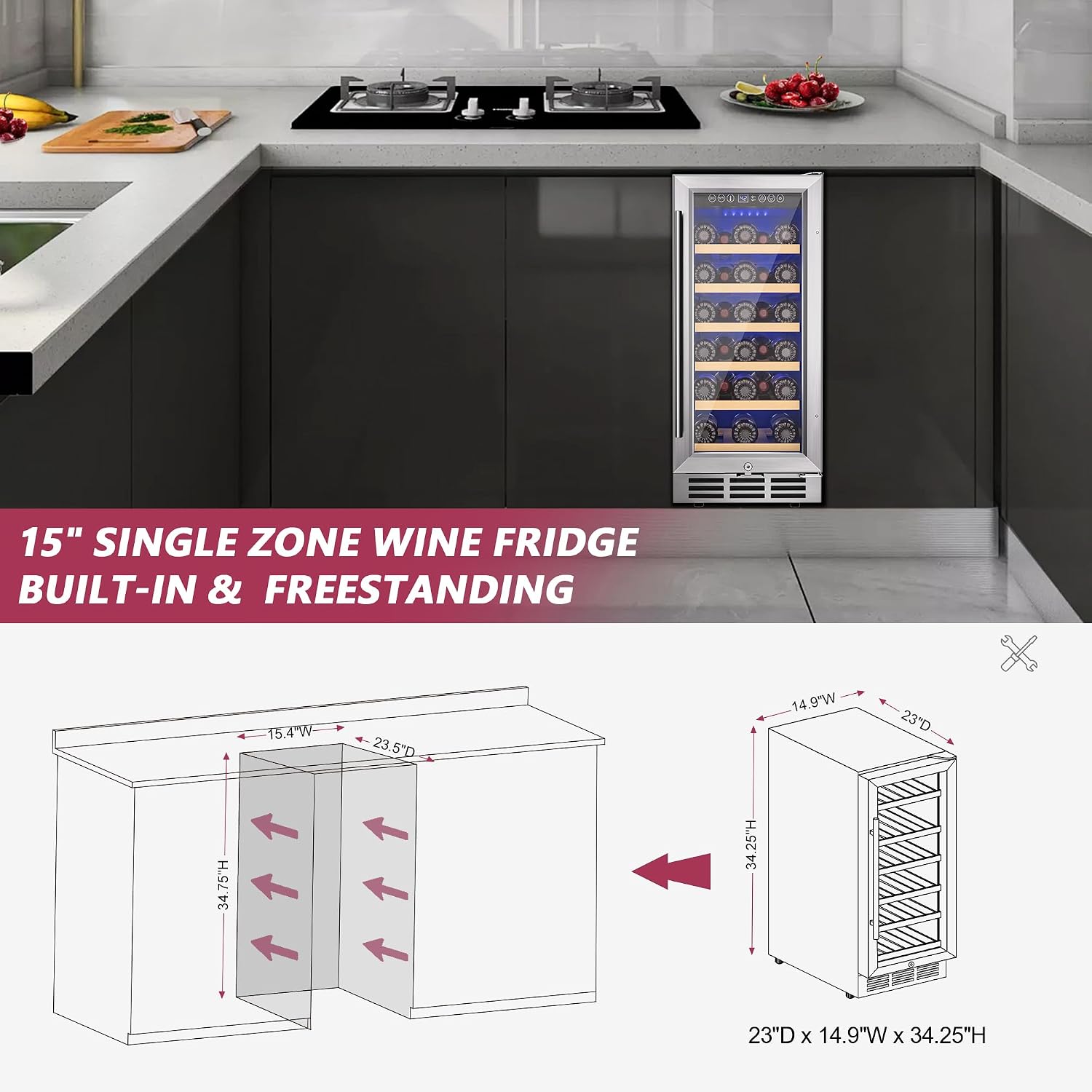 Icyglee 15 Inch Wine Cooler Refrigerator, 30 Bottle Wine Fridge with Stainless Steel Glass Door & Digital Temperature Control, Built-in/Freestanding Wine Cooler with Removable Shelves, 3.6 CU.FT