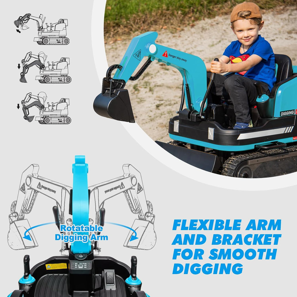 360 Degree Rotating Ride On Excavator and Bulldozer,JOYLDIAS 12V12AH Battery Powered Ride On Toy Backhoe W/Track Design Wheels for All Terrain,Remote Control,MP3,Toolbox for Kids,Parent,Blue