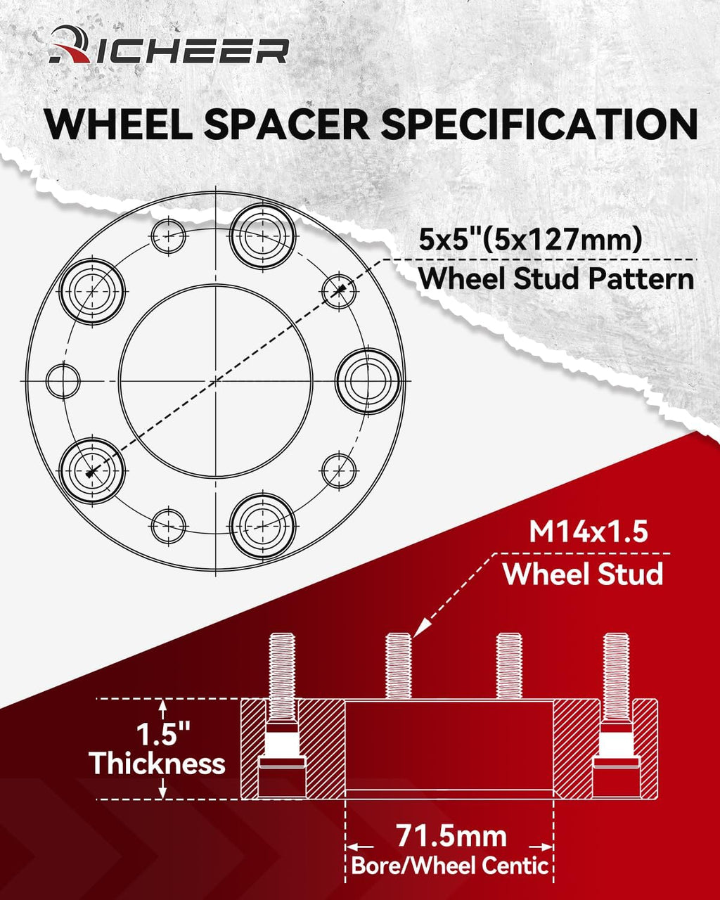 Richeer 1.5 inch 5x5 Hubcentric Wheel Spacers for 2018-2024 Wrangler JL, 2011-2024 Grand Cherokee WK2 WL, 2011-2023 Durango, 5x127mm Forged Wheel Spacer with 14x1.5 Studs & 71.5mm bore