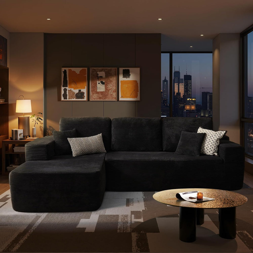ovios 104' Cloud Boneless Couch with Glitter Fabric, Moudular Sectional Sofa with Deep Seat, No Assembly Required, Modern Minimalist L Shaped Couches with Chaise for Living Room, Black