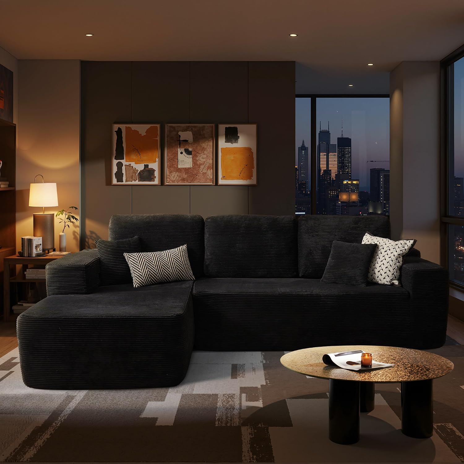 ovios 104' Cloud Boneless Couch with Glitter Fabric, Moudular Sectional Sofa with Deep Seat, No Assembly Required, Modern Minimalist L Shaped Couches with Chaise for Living Room, Black