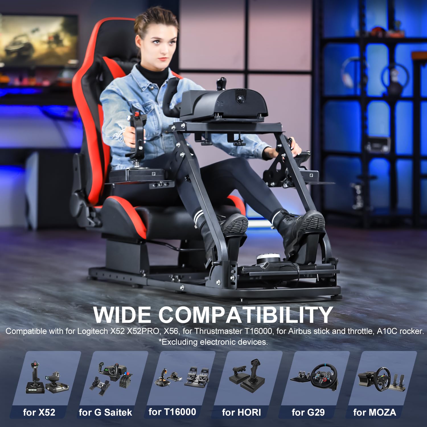 Marada Flight Sim Cockpit with Red Seat and Racing Wheel Stand for Driving and Flight Simulator Fit for Thrustmaster HOTAS Warthog, for Logitech Adjustable |Throttle,Joystick,Keyboard not Included