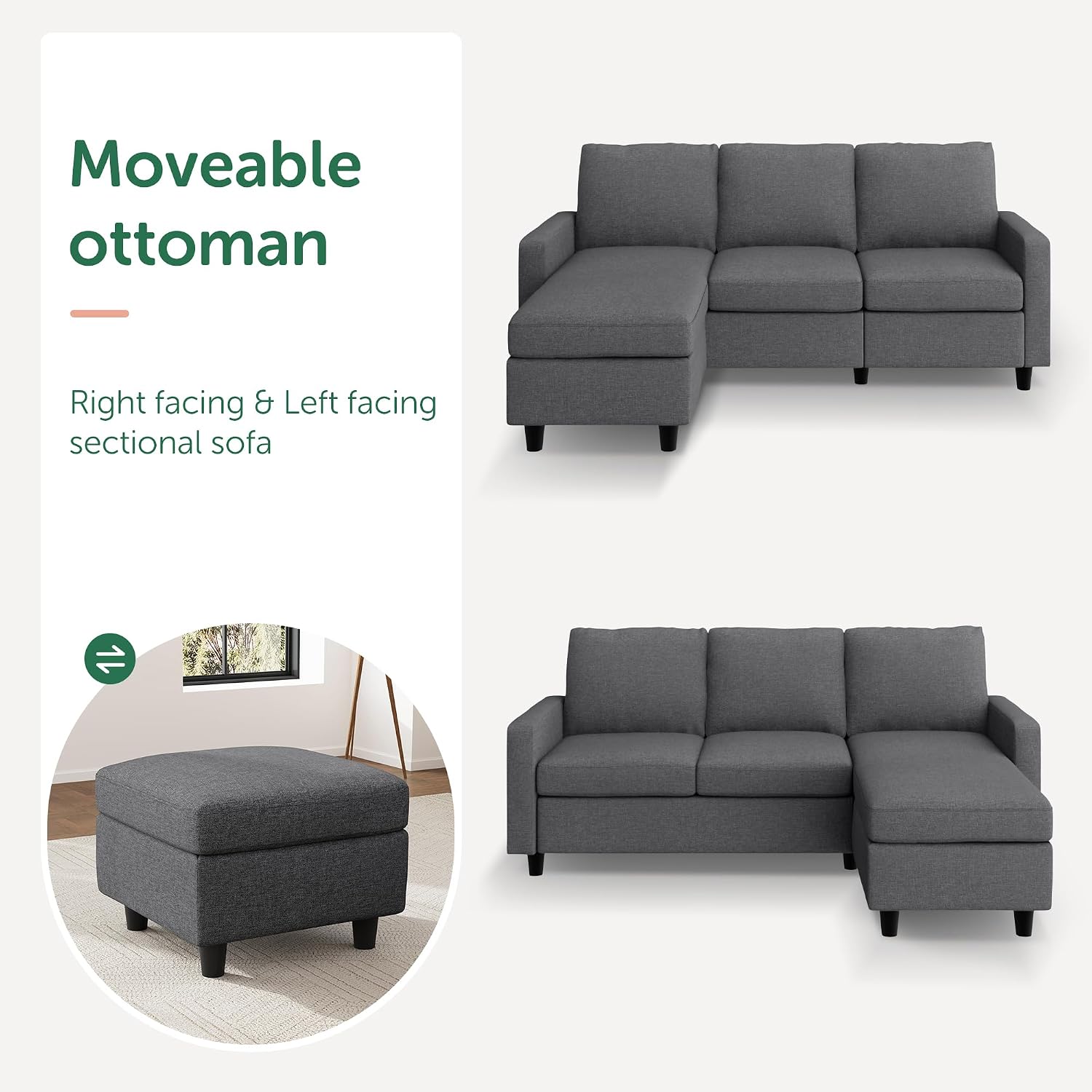HONBAY Convertible Sectional Sofa, L Shaped Couch with Reversible Chaise, Sectional Couch for Small Space Apartment, Mid Grey