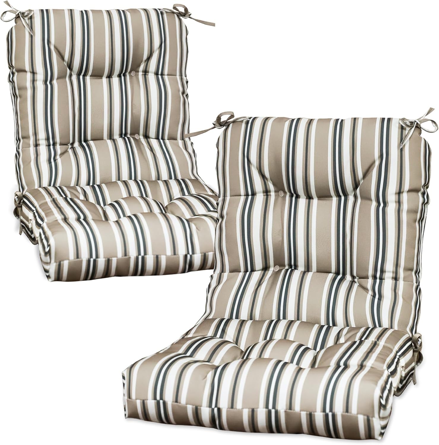 COOS BAY Tufted High Back Chair Cushions, 42x21 Inch Outdoor Patio Furniture Cushions, Water Resistant Rocker Seat Pads, 2 Pack, Beige Stripes