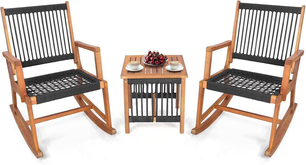 Tangkula 3 Pieces Acacia Wood Rocking Bistro Set, All-Weather Rope Woven Patio Furniture Set with Coffee Table, Outdoor Conversation Set for Front Porch, Deck, Balcony (Black & Natural)