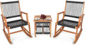 Tangkula 3 Pieces Acacia Wood Rocking Bistro Set, All-Weather Rope Woven Patio Furniture Set with Coffee Table, Outdoor Conversation Set for Front Porch, Deck, Balcony (Black & Natural)