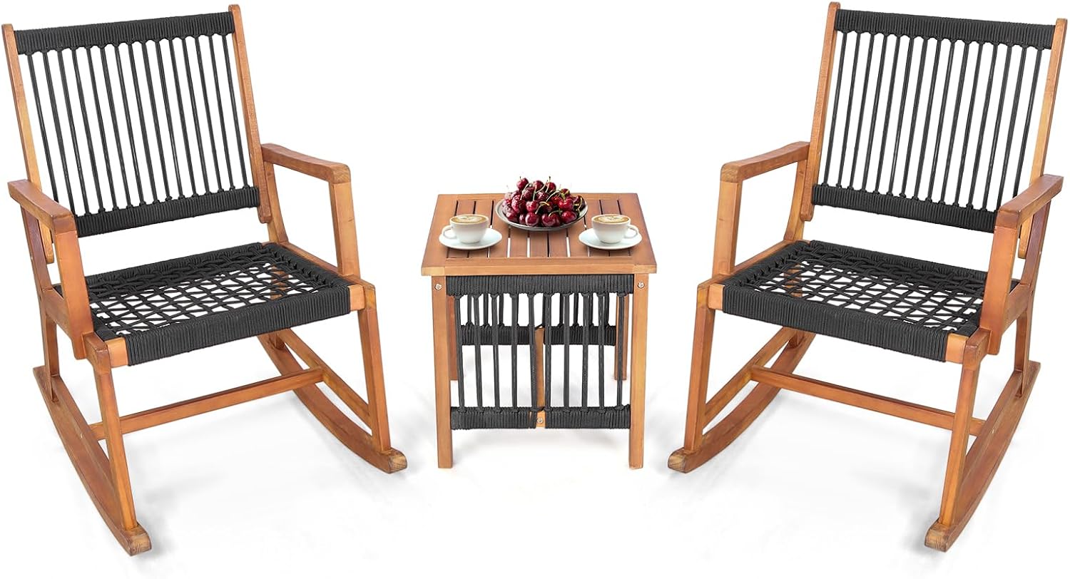 Tangkula 3 Pieces Acacia Wood Rocking Bistro Set, All-Weather Rope Woven Patio Furniture Set with Coffee Table, Outdoor Conversation Set for Front Porch, Deck, Balcony (Black & Natural)