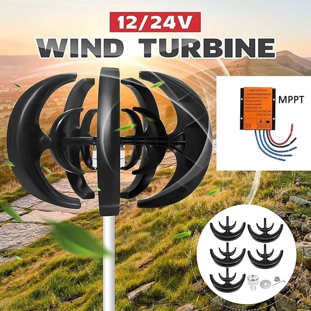 1000W Wind Turbine Generator, Black Vertical Wind Power Generator With Controller 5 Blades, Low Noise Small Windmill Free Energy, Low Wind Speed Start(24v)