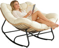 SUNCROWN Oversized Wicker Rocking Chair Indoor Outdoor, 450 LBS Heavy Duty Patio Papasan Egg Chair with Cushion, E-Coated Frame Lounge Rocker for Garden Balcony Porch Living Room (Beige)