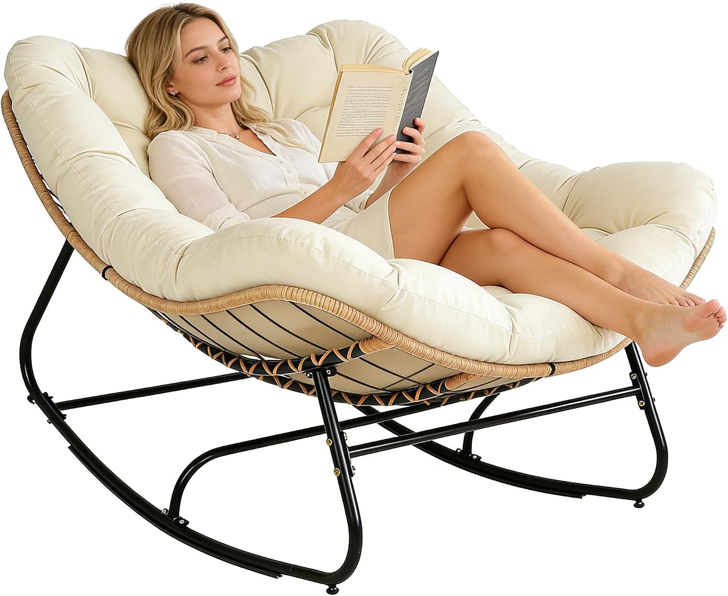 SUNCROWN Oversized Wicker Rocking Chair Indoor Outdoor, 450 LBS Heavy Duty Patio Papasan Egg Chair with Cushion, E-Coated Frame Lounge Rocker for Garden Balcony Porch Living Room (Beige)