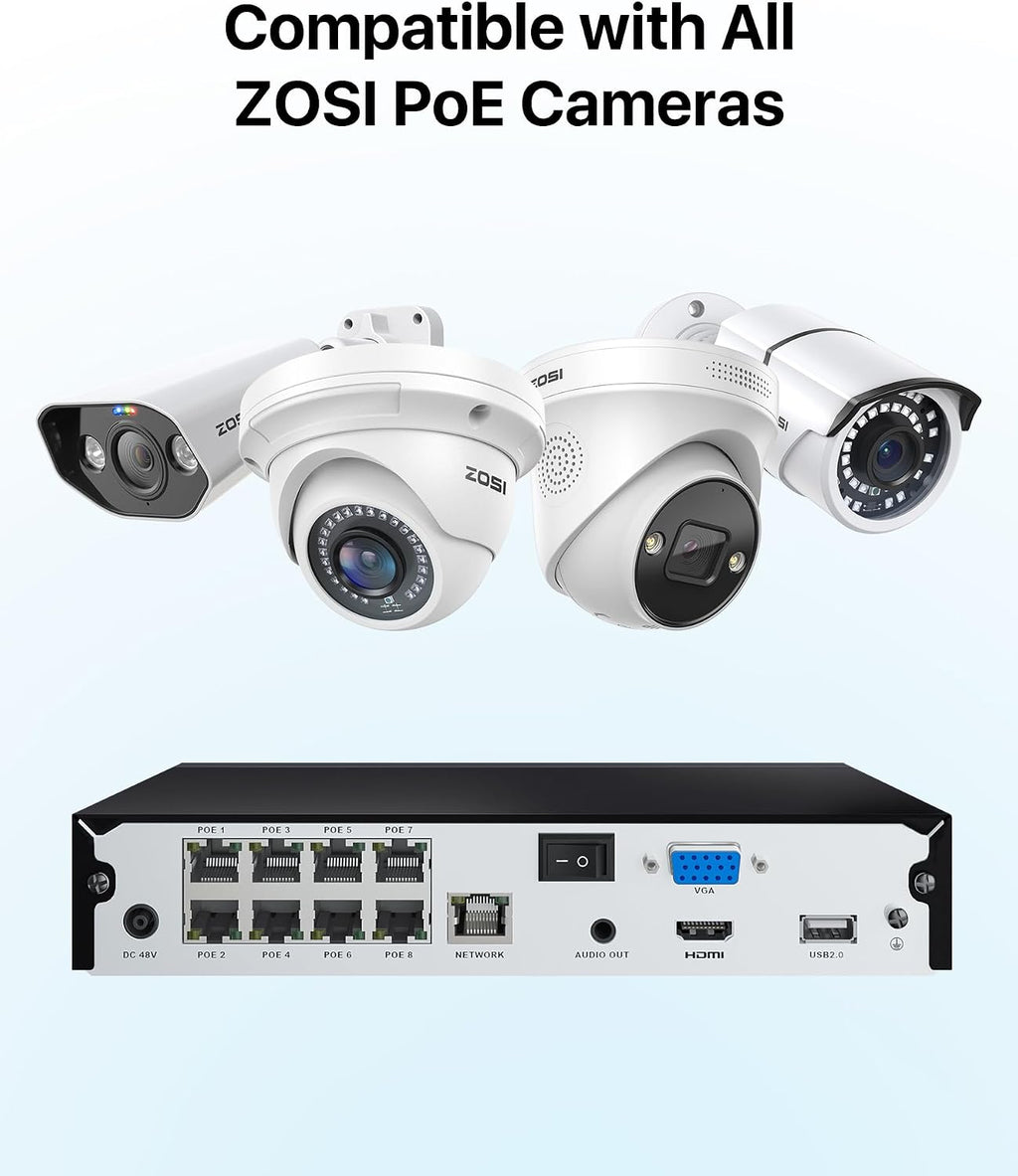 ZOSI 4K 8CH PoE NVR, H.265+ 8 Ports 16 Channel 8MP Network Video Recorder for Home Surveillance System, Pre-Installed 2TB Hard Drive, 24/7 Recording, Only Work with 4K/5MP/3MP HD ZOSI PoE Cameras
