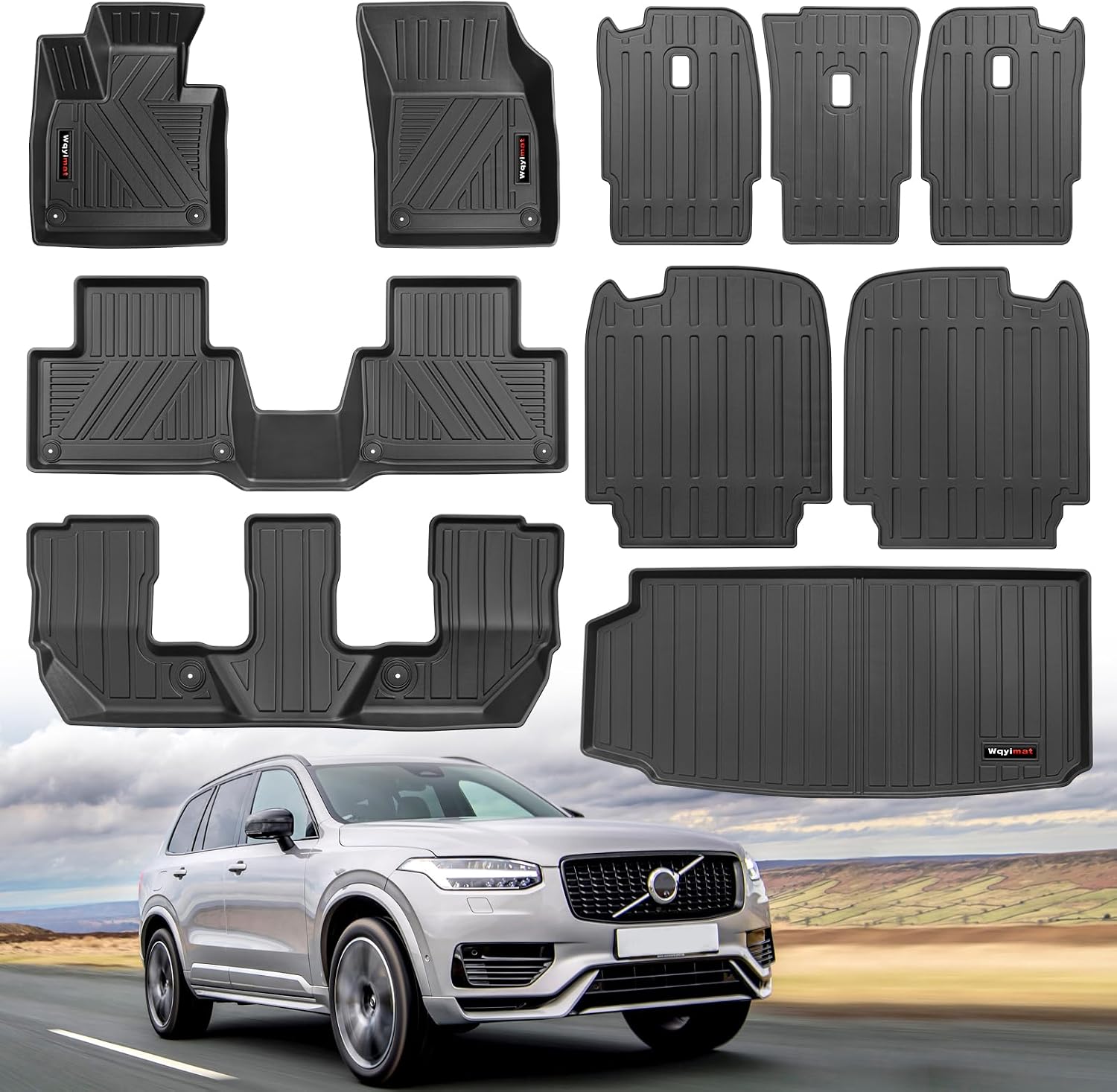 for 2016-2025 2026 Volvo XC90 Hybrid/PHEV Floor Mats 3 Rows Trunk Cargo Liner and 2nd 3rd Rear Seat Backrest Mat TPE All Weather Accessories (Only for Plug-in Hybrid/PHEV 7 Seat) (Full Set 10 Mats)