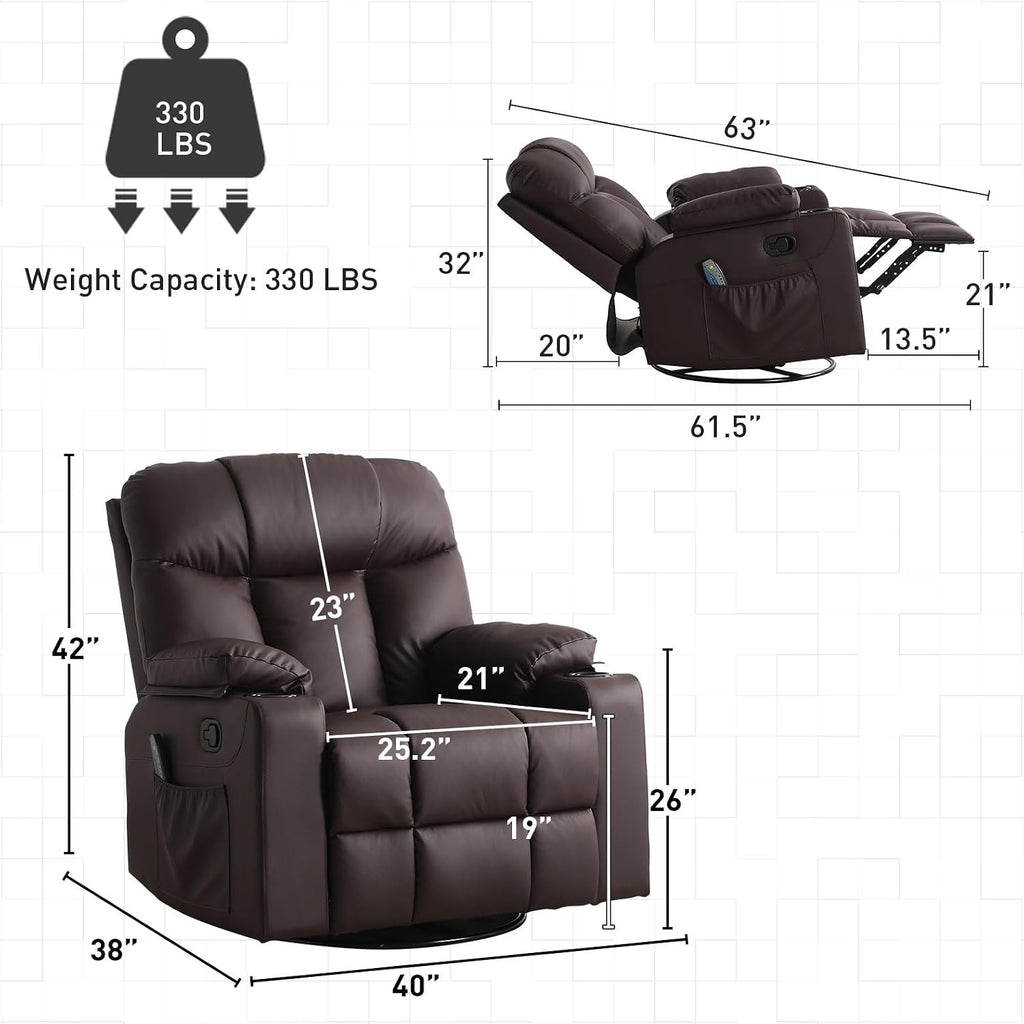 Bonzy Home Swivel Rocker Recliner with Heating and Massage, 40' Manual Rocker Recliner Chair, PU Leather Single Sofa with 2 Cup Holders for Living Room Bedroom, Brown